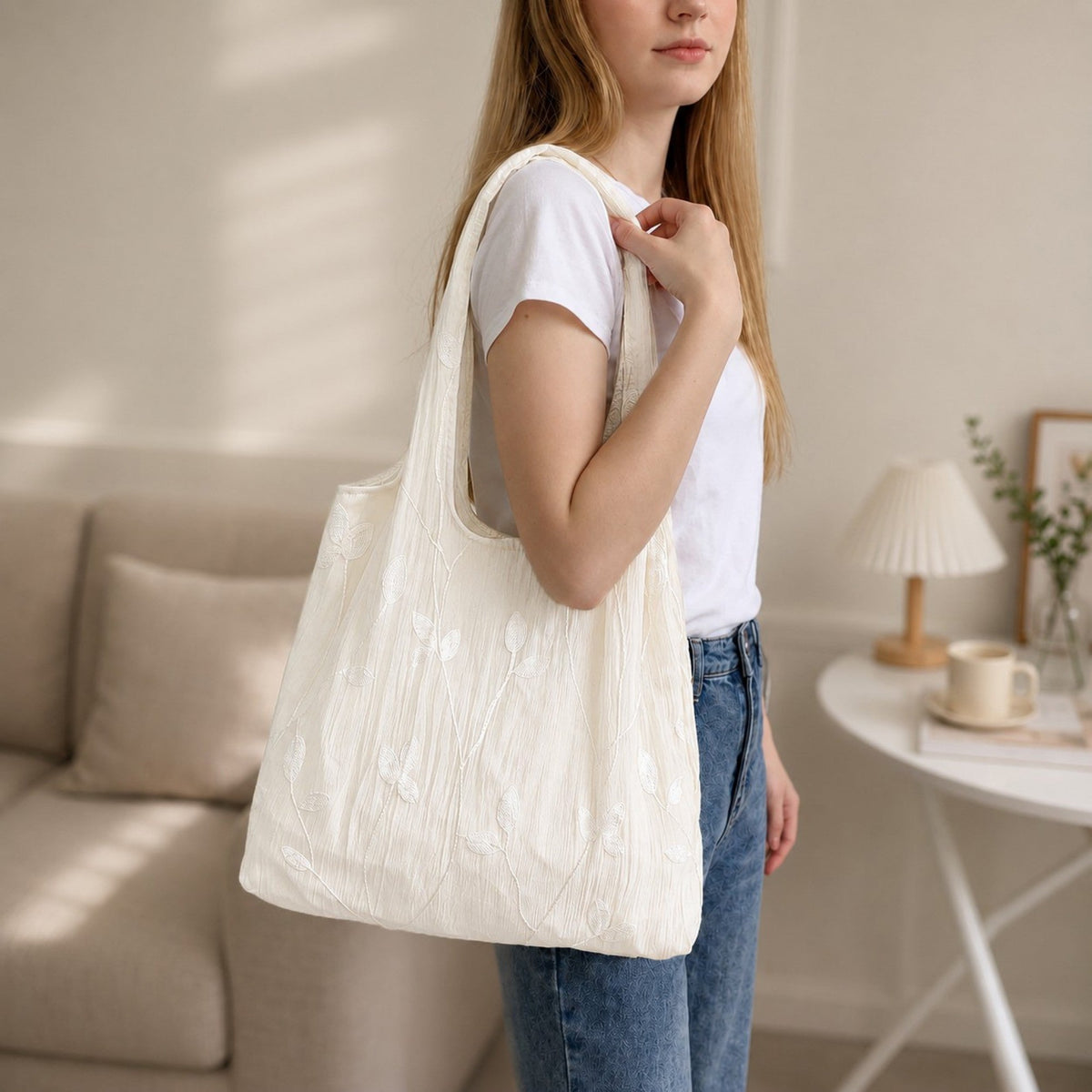 Bolso de hombro ligero y plegable bordado con hojas para uso diario para mujeres