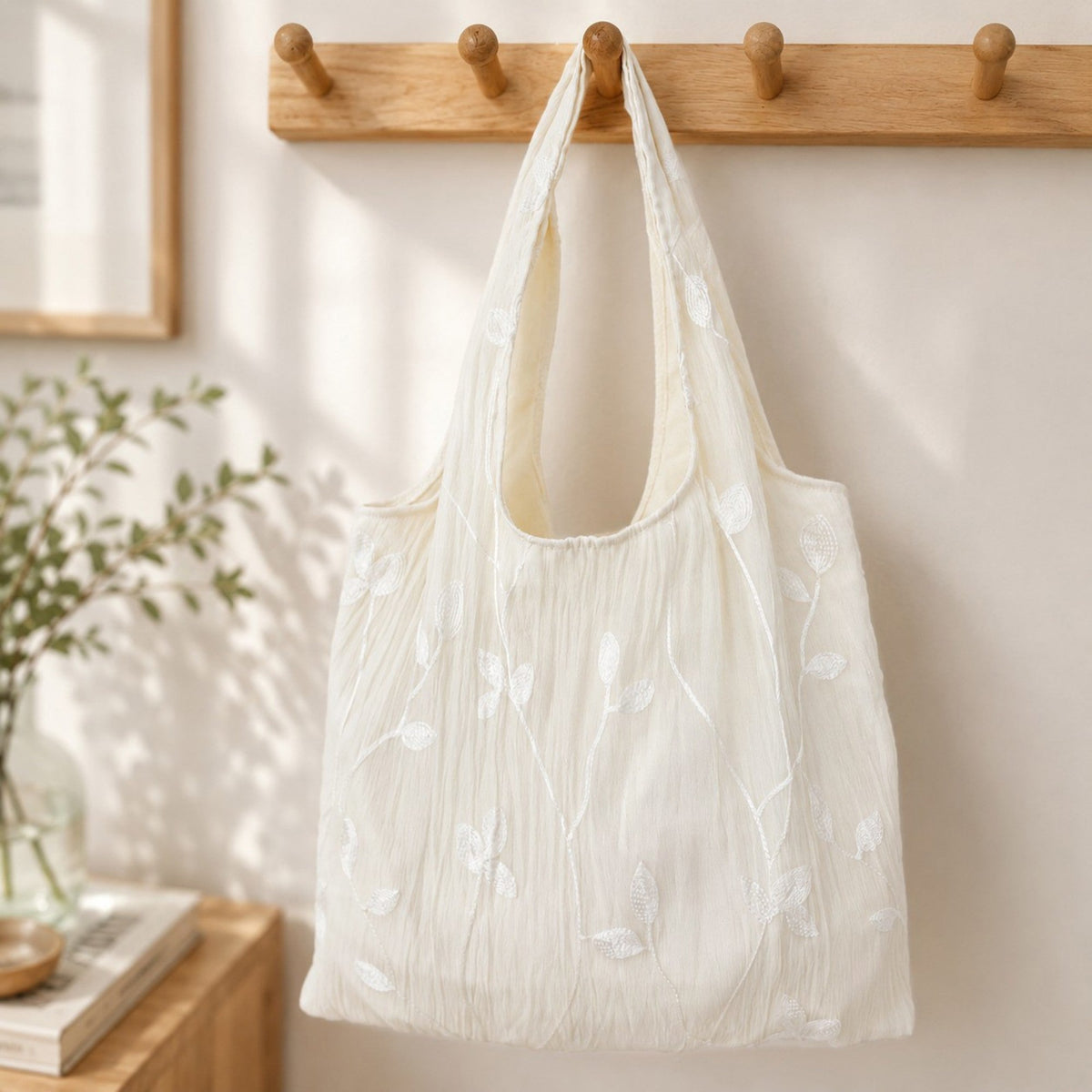 Bolso de hombro ligero y plegable bordado con hojas para uso diario para mujeres