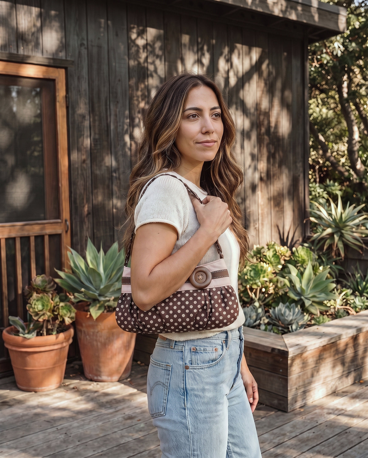 Polka Dot Slouch Shoulder Bag with Oversized Button Accent Pleated Silhouette Retro Inspired Handbag 12x7x0.4 in
