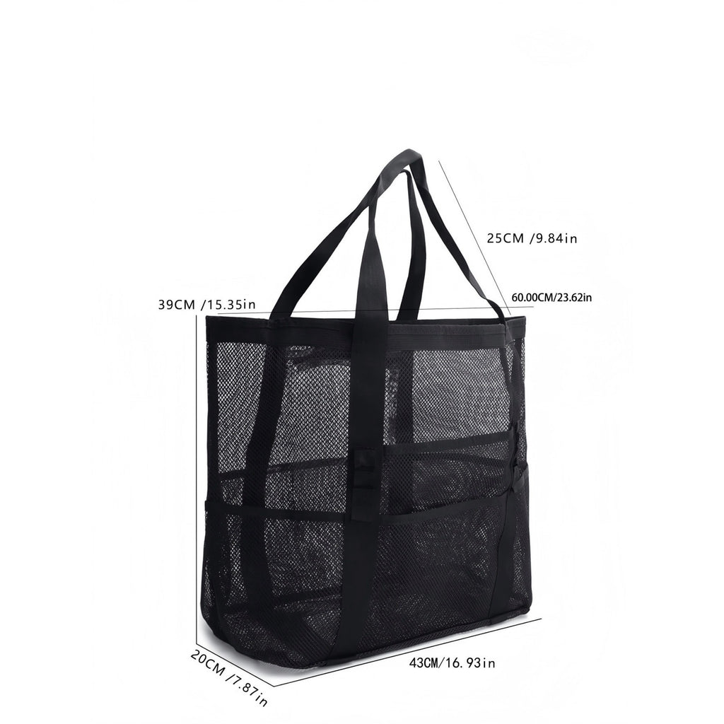 Mesh Beach Tote Bag Large Capacity Travel Shoulder Bag with Exterior Pockets Zipper Top Organizer