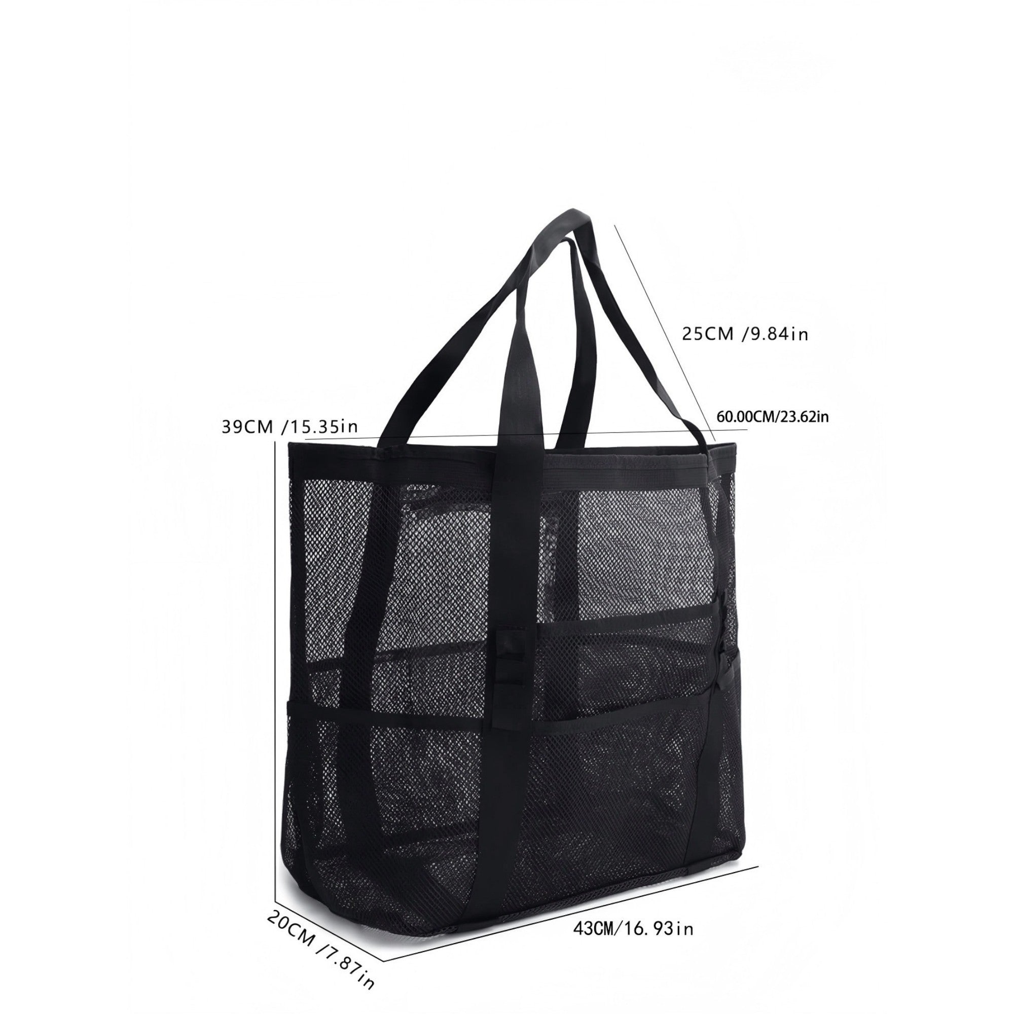 Mesh Beach Tote Bag Large Capacity Travel Shoulder Bag with Exterior Pockets Zipper Top Organizer