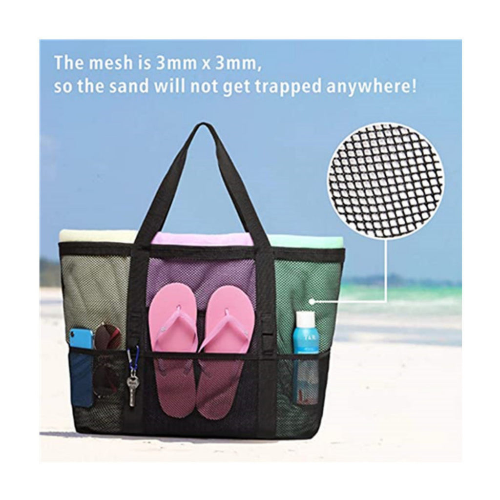 Mesh Beach Tote Bag Large Capacity Travel Shoulder Bag with Exterior Pockets Zipper Top Organizer