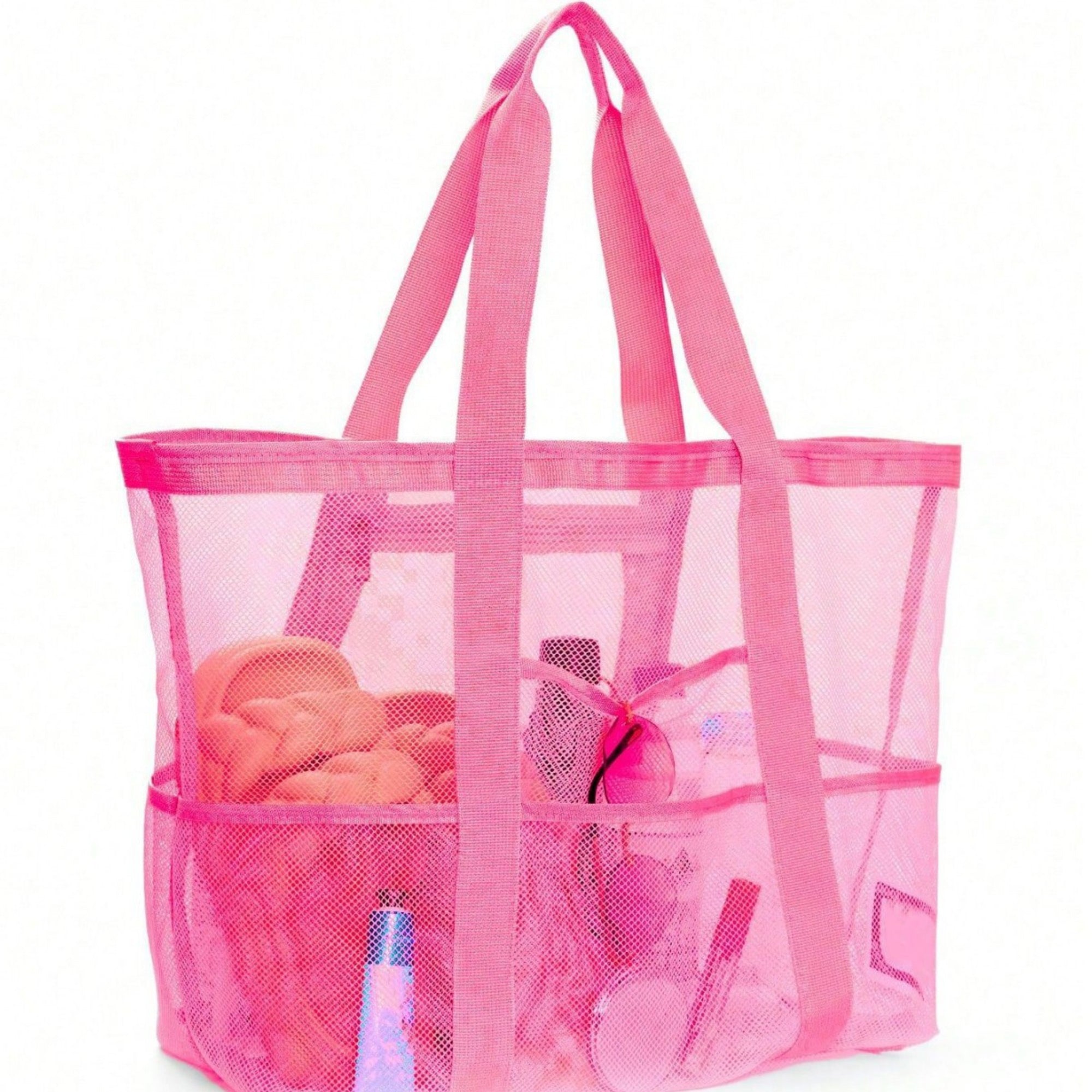 Mesh Beach Tote Bag Large Capacity Travel Shoulder Bag with Exterior Pockets Zipper Top Organizer