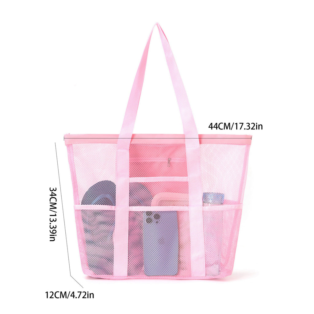Mesh Beach Tote Bag Large Capacity Travel Shoulder Bag with Exterior Pockets Zipper Top Organizer