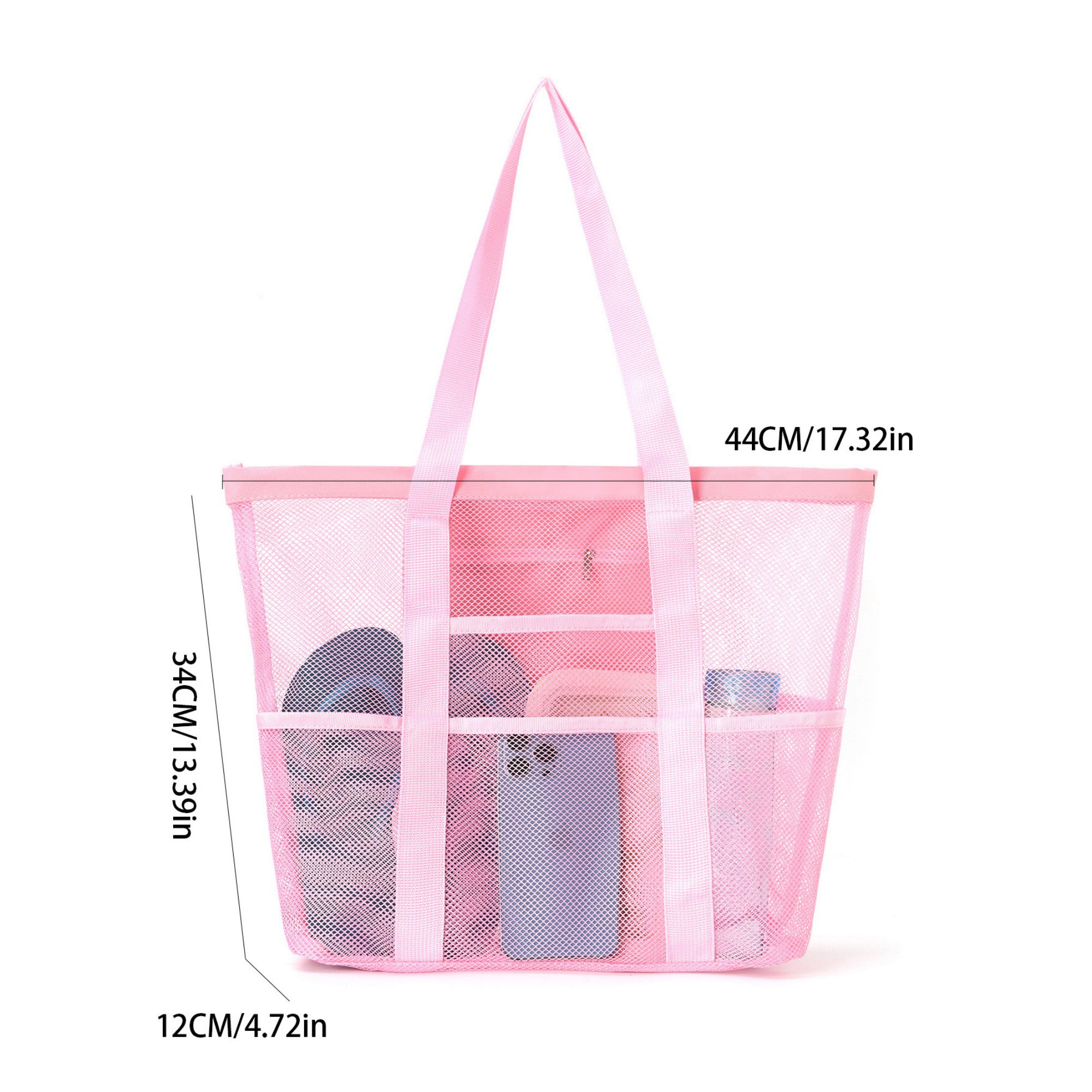 Mesh Beach Tote Bag Large Capacity Travel Shoulder Bag with Exterior Pockets Zipper Top Organizer