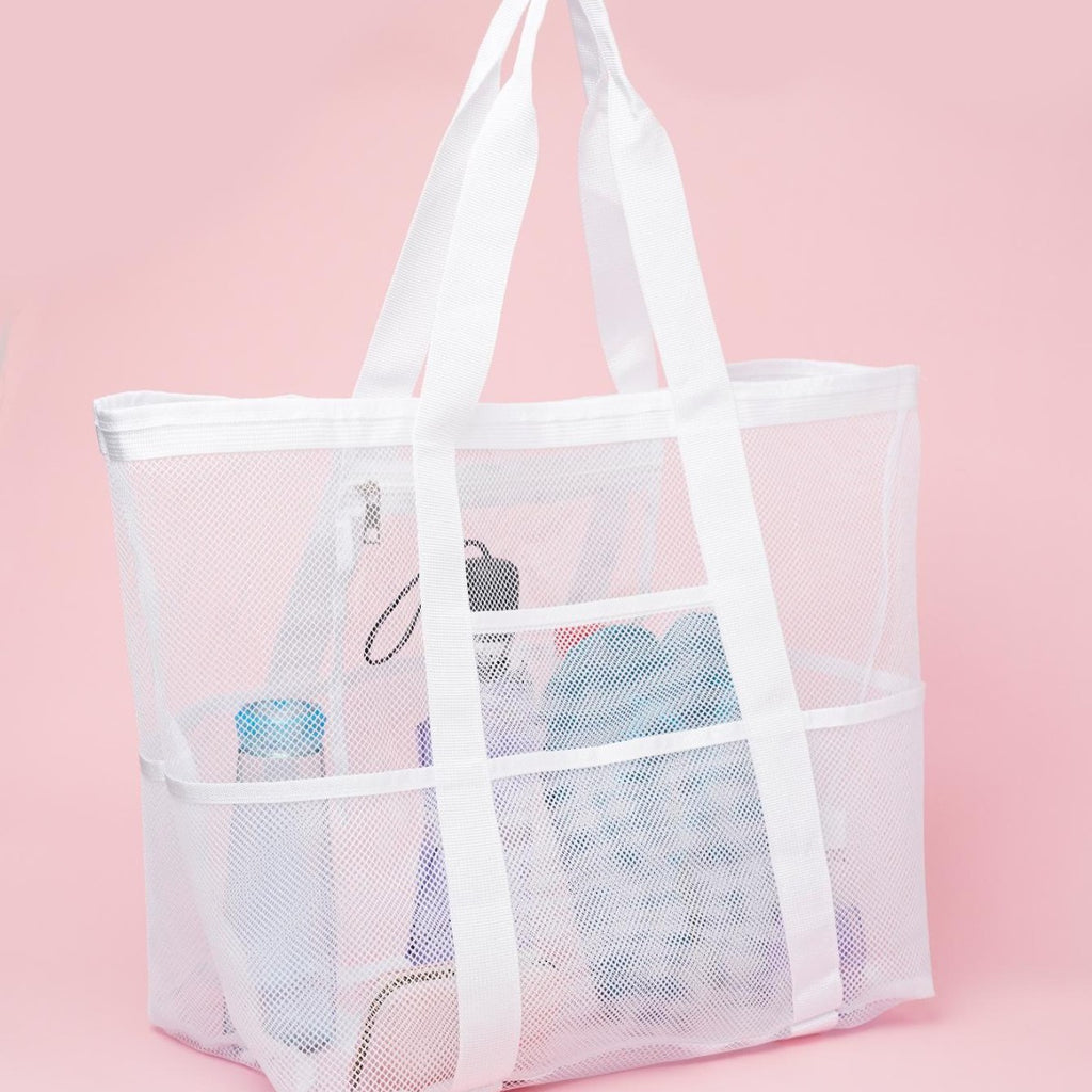 Mesh Beach Tote Bag Large Capacity Travel Shoulder Bag with Exterior Pockets Zipper Top Organizer