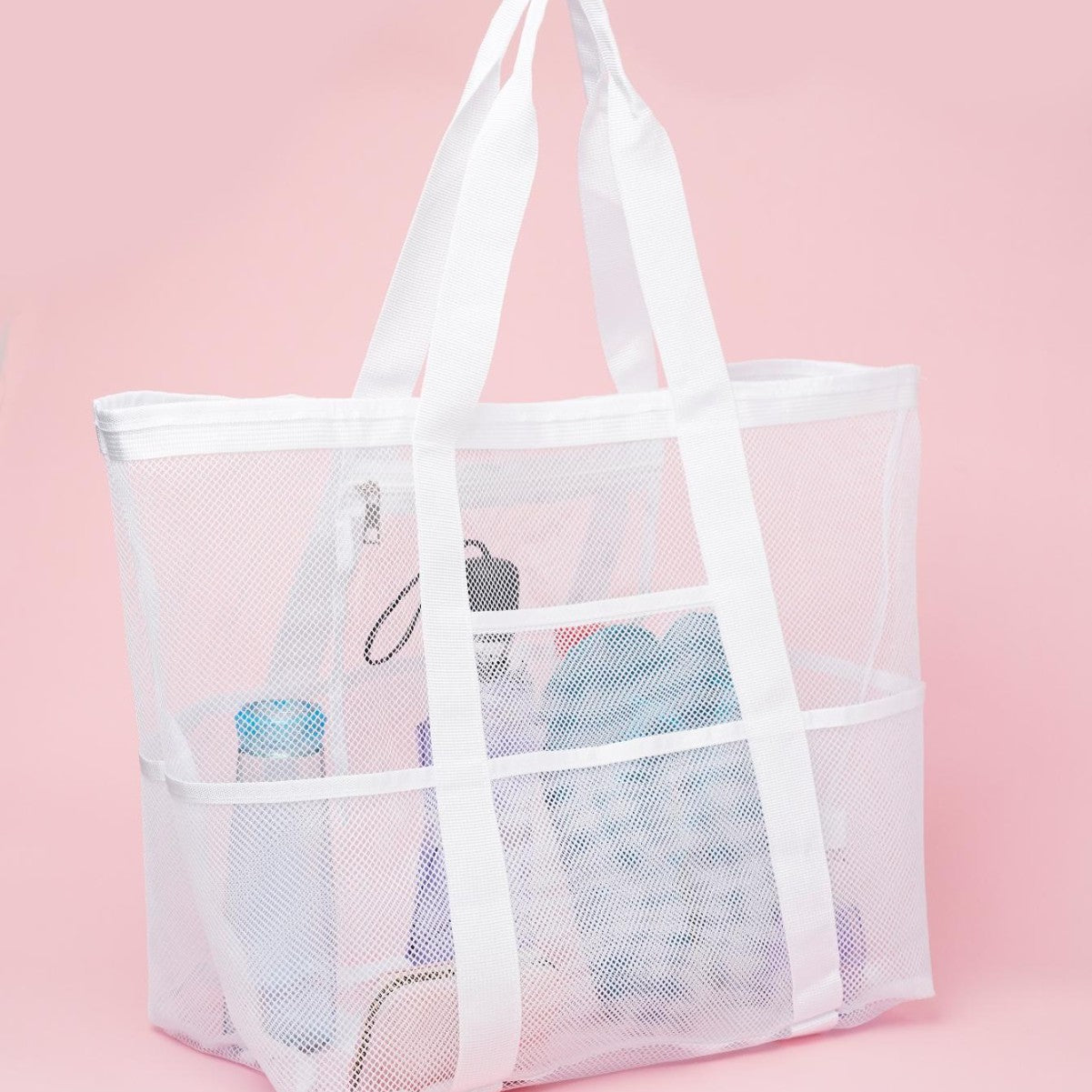 Mesh Beach Tote Bag Large Capacity Travel Shoulder Bag with Exterior Pockets Zipper Top Organizer