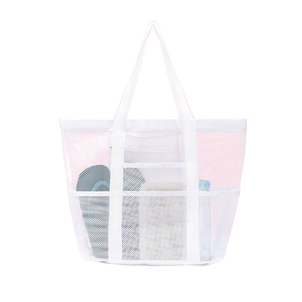 Mesh Beach Tote Bag Large Capacity Travel Shoulder Bag with Exterior Pockets Zipper Top Organizer