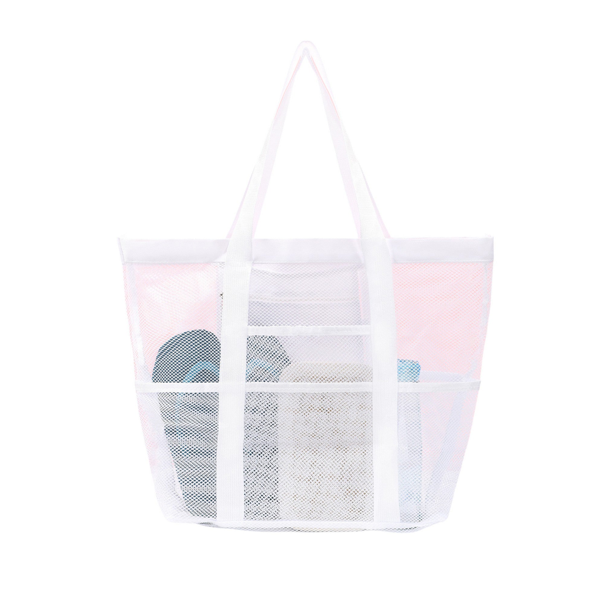 Mesh Beach Tote Bag Large Capacity Travel Shoulder Bag with Exterior Pockets Zipper Top Organizer