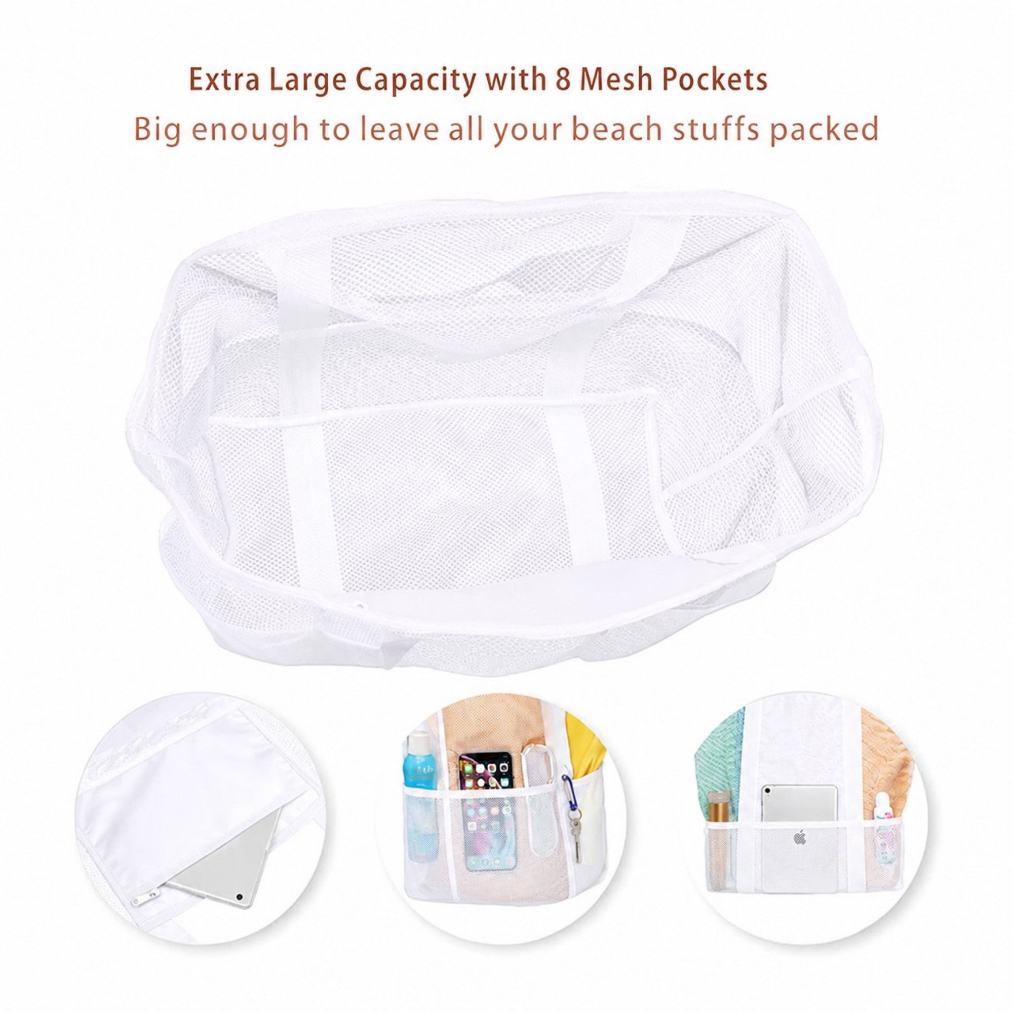 Mesh Beach Tote Bag Large Capacity Travel Shoulder Bag with Exterior Pockets Zipper Top Organizer