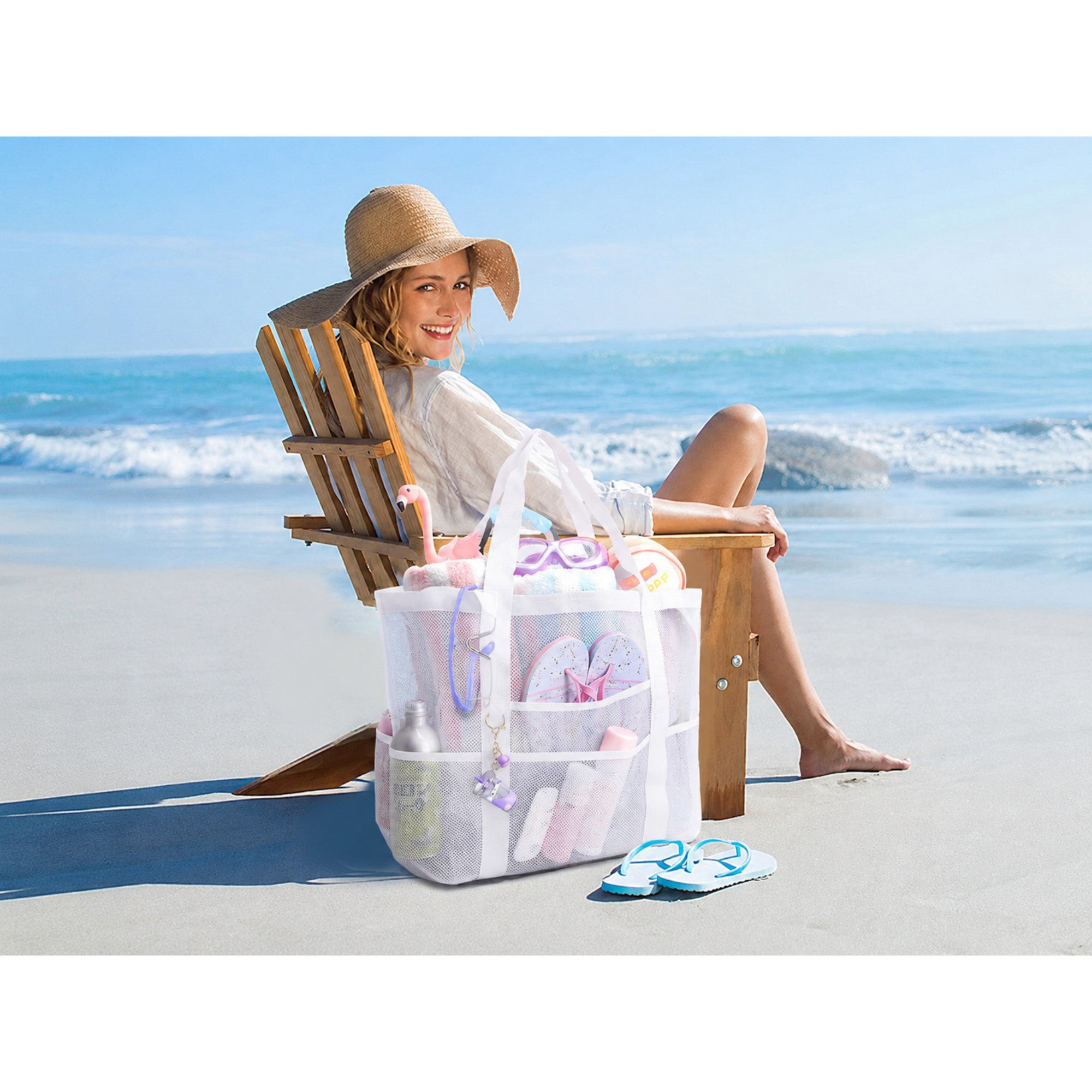 Mesh Beach Tote Bag Large Capacity Travel Shoulder Bag with Exterior Pockets Zipper Top Organizer