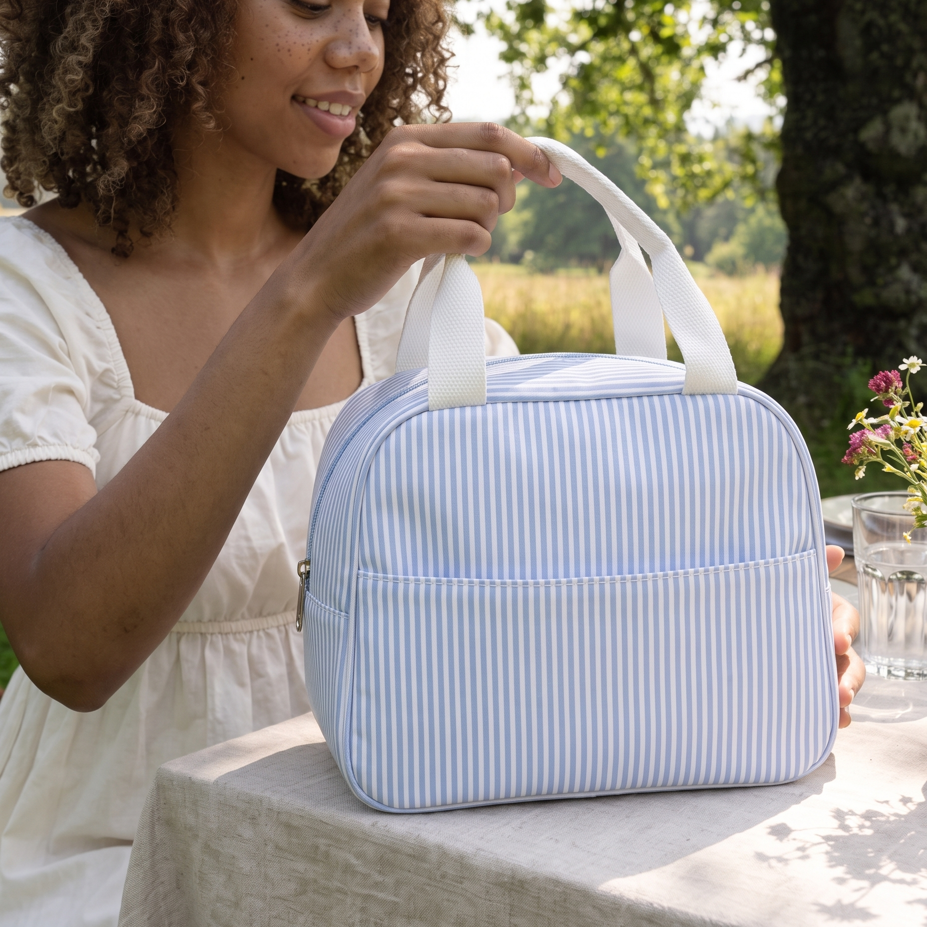 Striped Insulated Lunch Tote Bag with Front Pocket and Zip Closure
