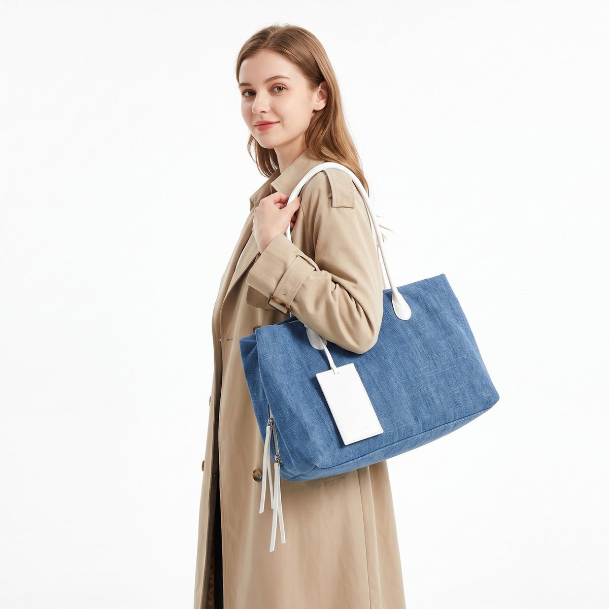 Large Textured Tote Bag with Double Handles and Zip Closure