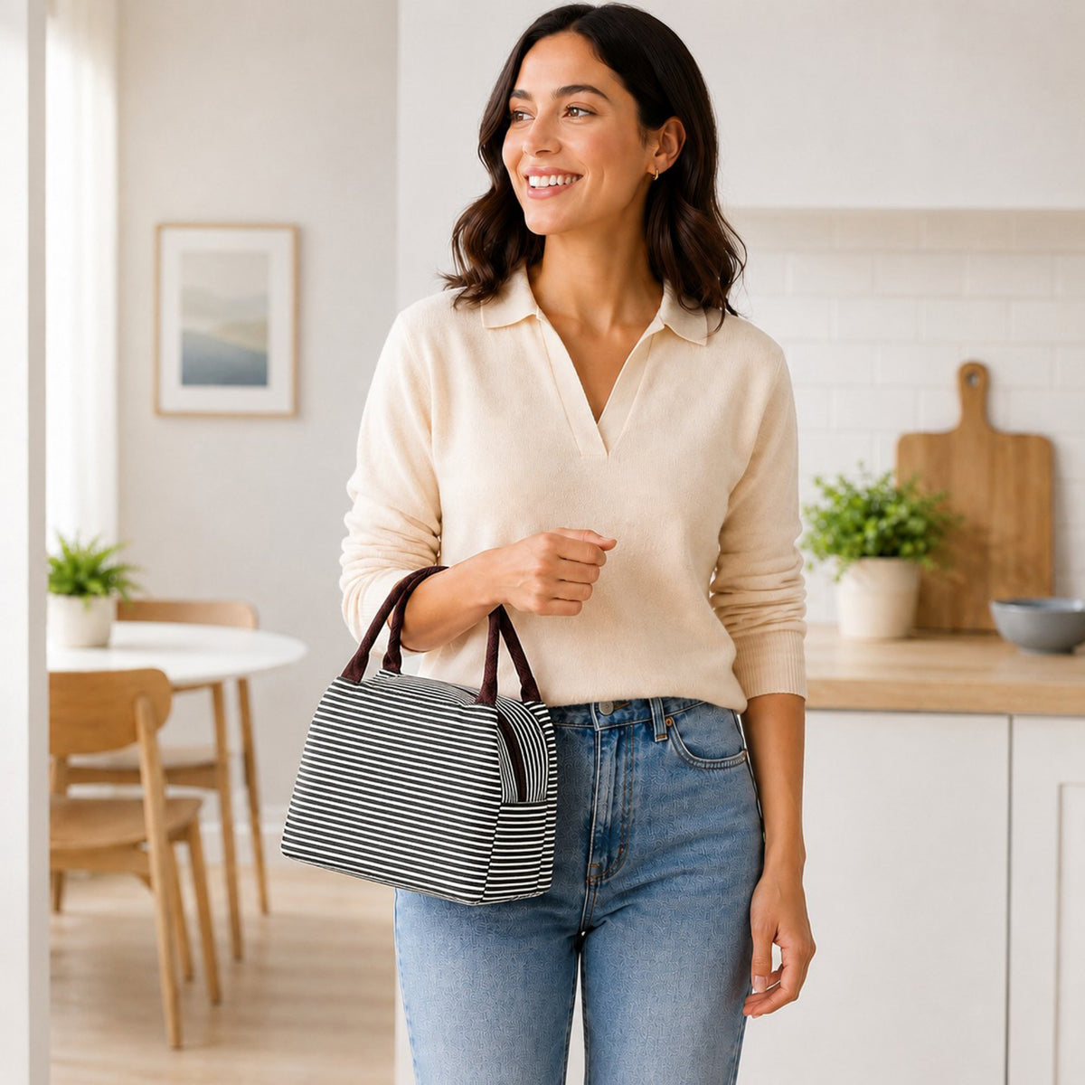 Bolsa de almuerzo a rayas con aislamiento, reutilizable, suave, para el trabajo, la escuela, picnic