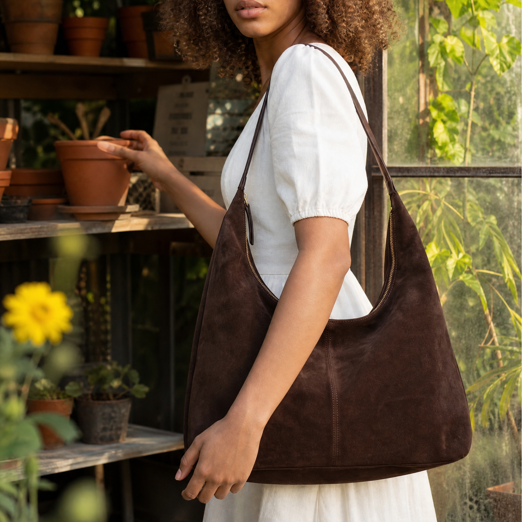 Slouchy Faux Suede Hobo Shoulder Bag with Zip Closure and Wide Strap