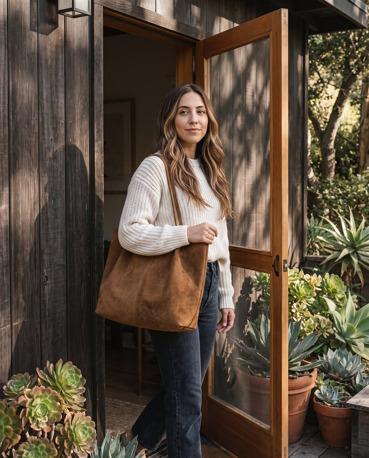 Large Suede-Like Shoulder Tote Bag with Long Handles