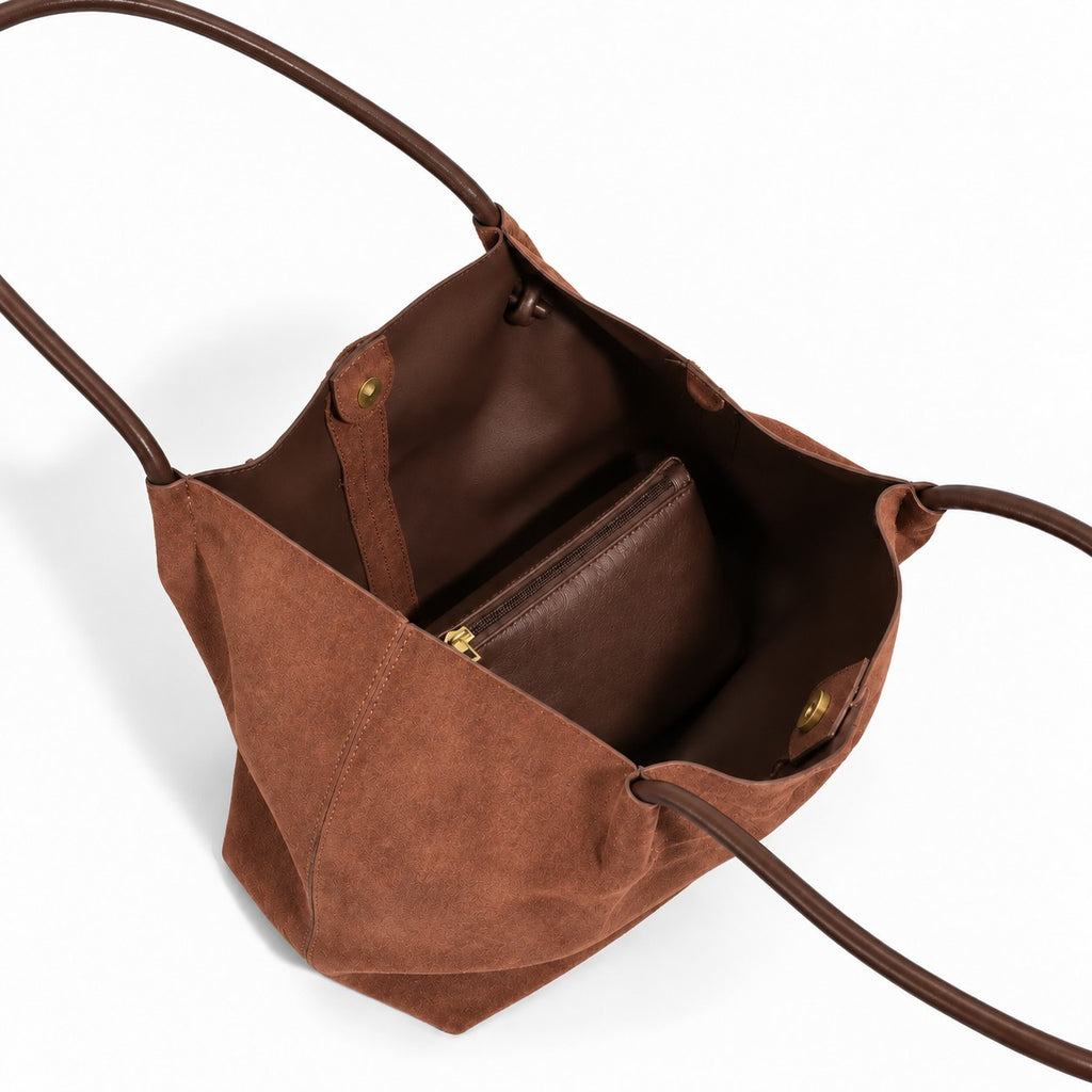 Faux Suede Tote Bag with Removable Zip Pouch and Double Shoulder Handles