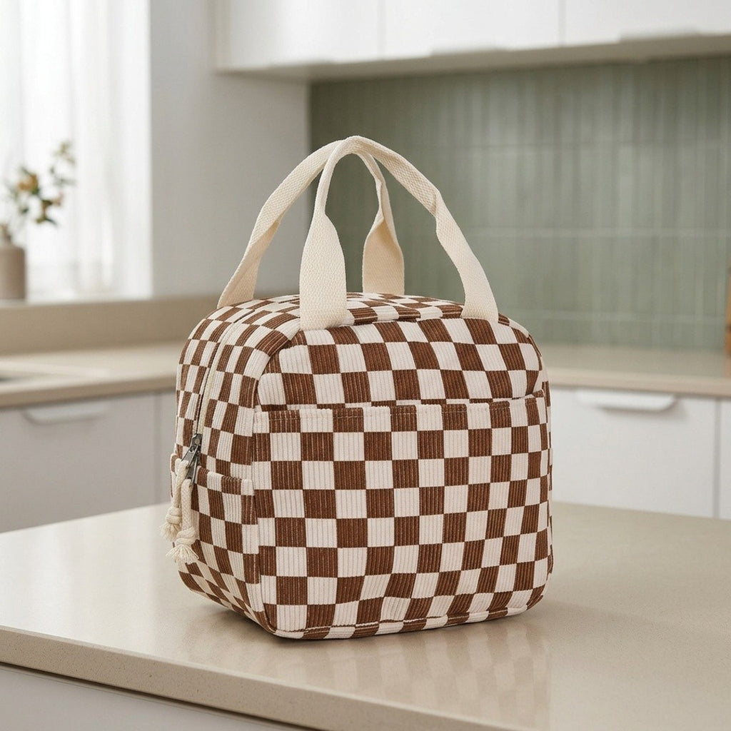 Anna-Kaci Checkered Zip Top Lunch Bag Insulated Small Tote with Handle Portable Food Carrier