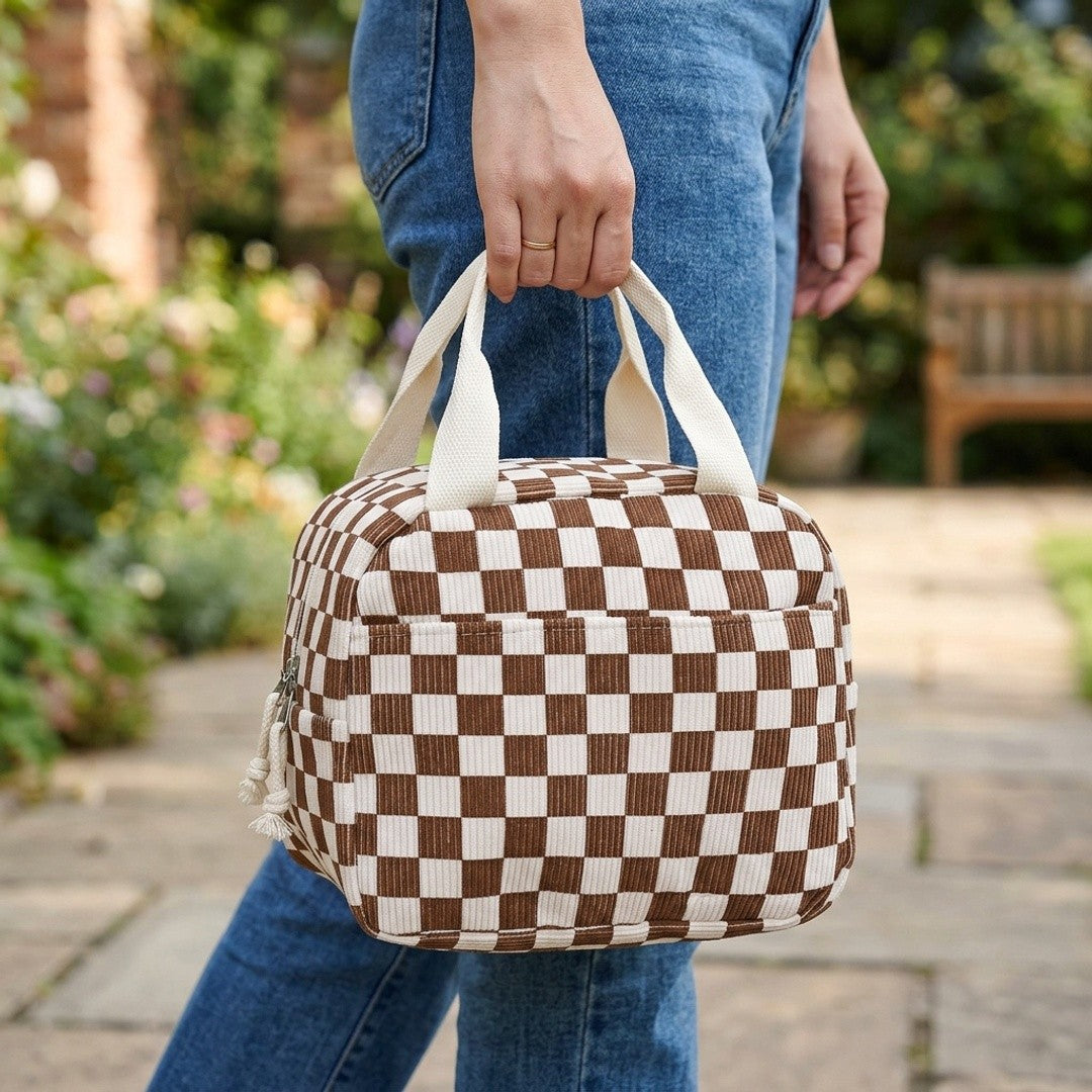 Anna-Kaci Checkered Zip Top Lunch Bag Insulated Small Tote with Handle Portable Food Carrier