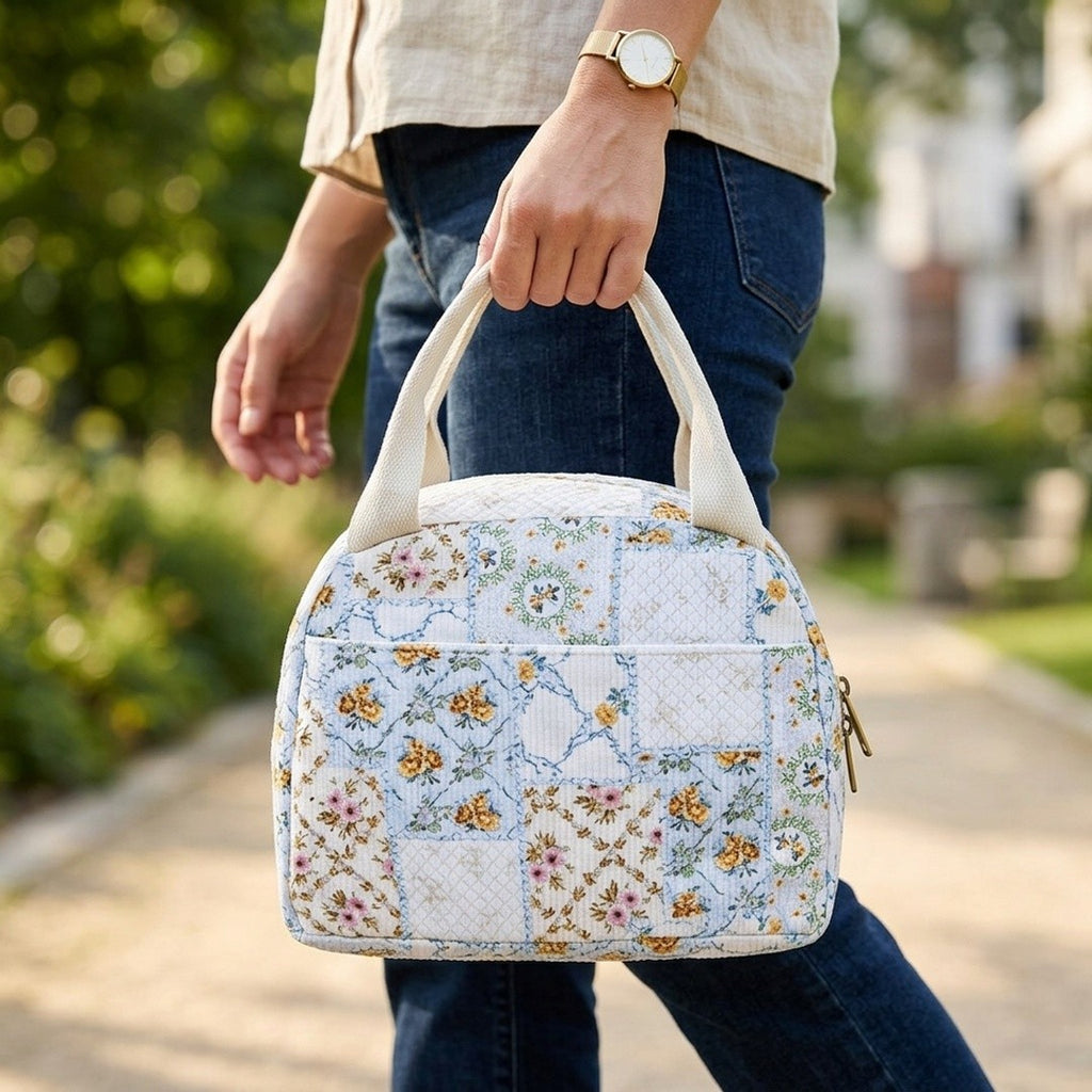 Anna-Kaci Floral Patchwork Zip Top Lunch Bag Small Travel Tote with Handle Lightweight Organizer