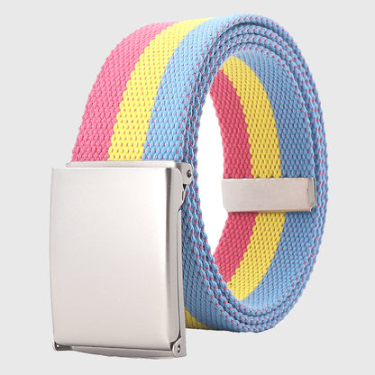 Anna-Kaci Women's Colorful Striped Canvas Belt with Silver Buckle
