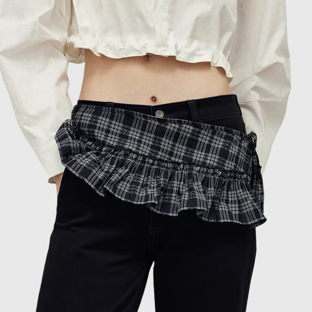 Anna-Kaci Women's Plaid Ruffle Overlay Skirt Belt with Adjustable Side Ties 55in
