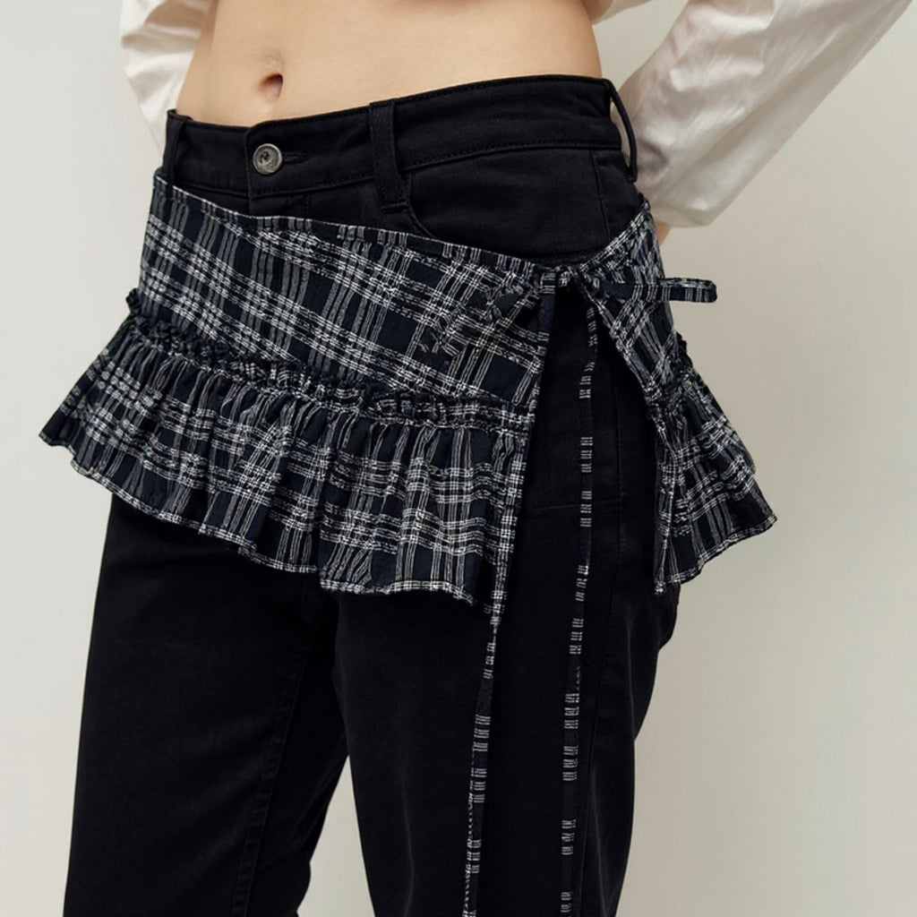 Anna-Kaci Women's Plaid Ruffle Overlay Skirt Belt with Adjustable Side Ties 55in