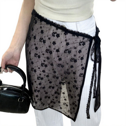 Anna-Kaci Women's Sheer Floral Lace Wrap Overlay Skirt with Side Tie Detail 55in
