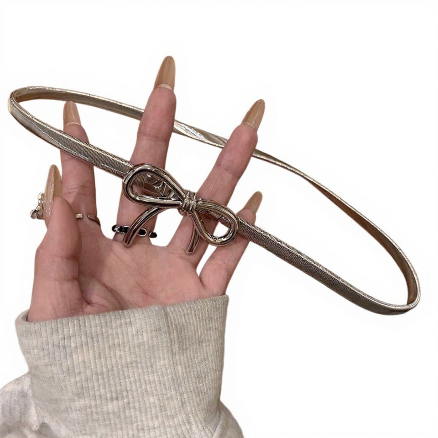 Anna-Kaci Women's Thin Metallic Belt with Polished Bow Accent and Adjustable Fit 27.5x0.4in