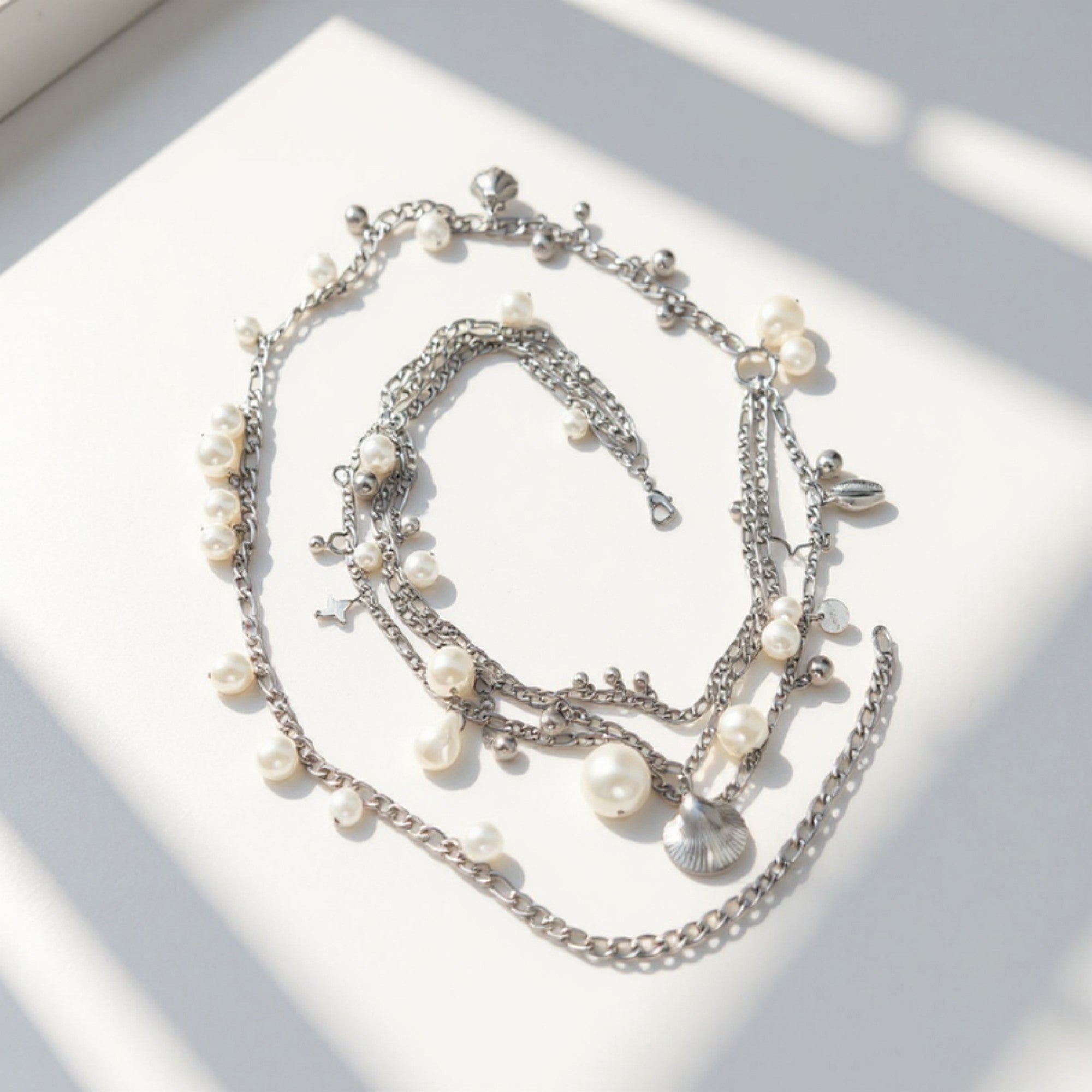 Anna-Kaci Women's Layered Chain Belt with Pearl Charms and Metal Leaf Details