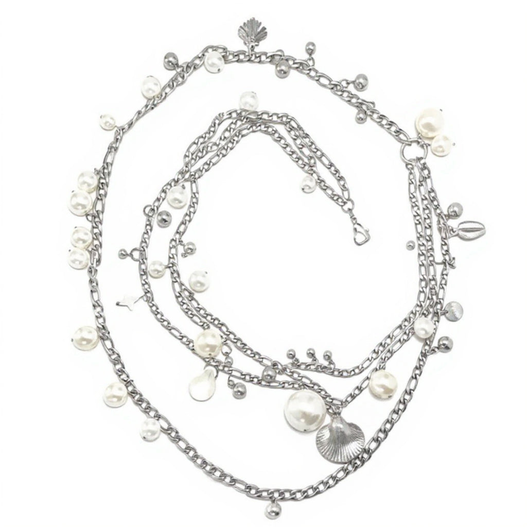 Anna-Kaci Women's Layered Chain Belt with Pearl Charms and Metal Leaf Details