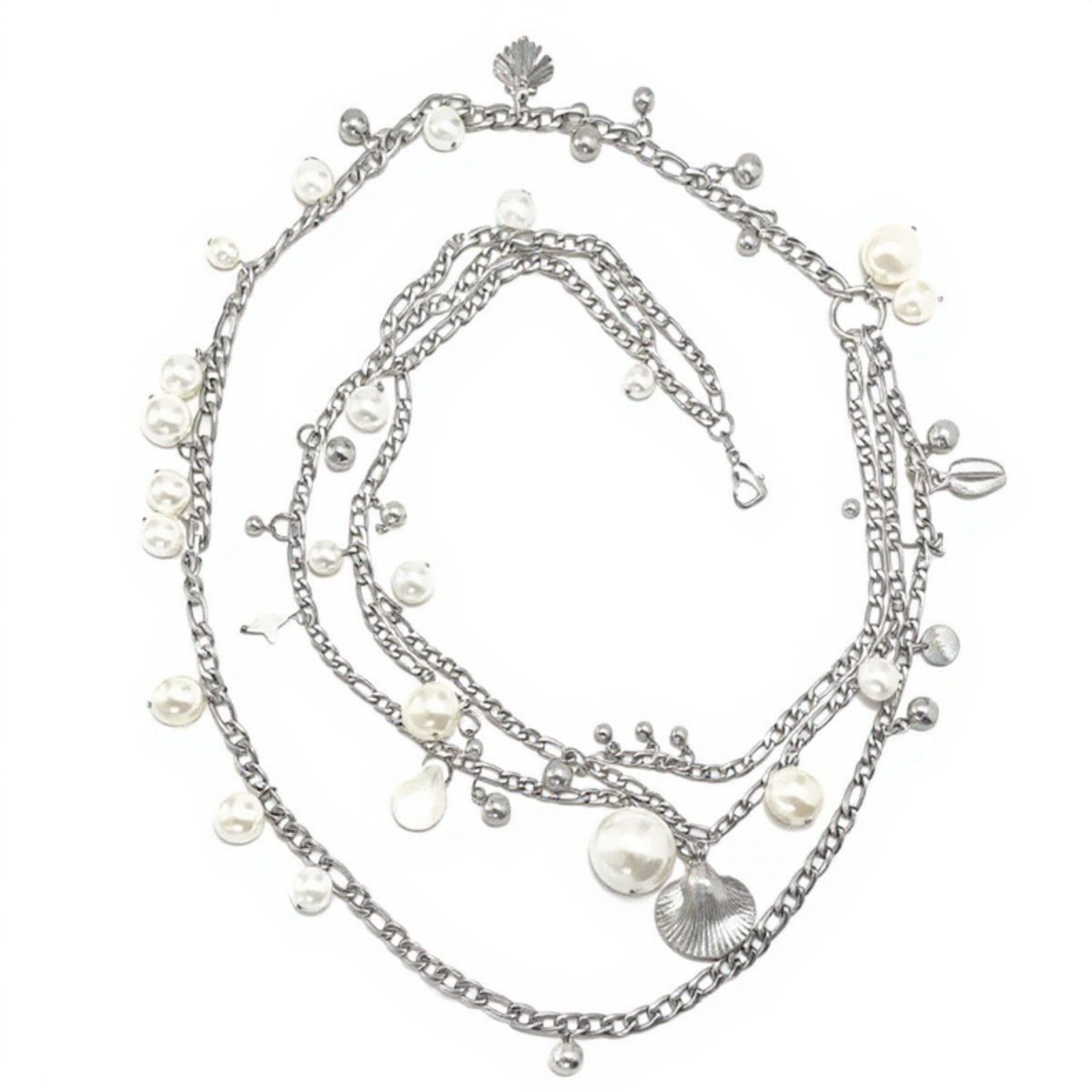 Anna-Kaci Women's Layered Chain Belt with Pearl Charms and Metal Leaf Details