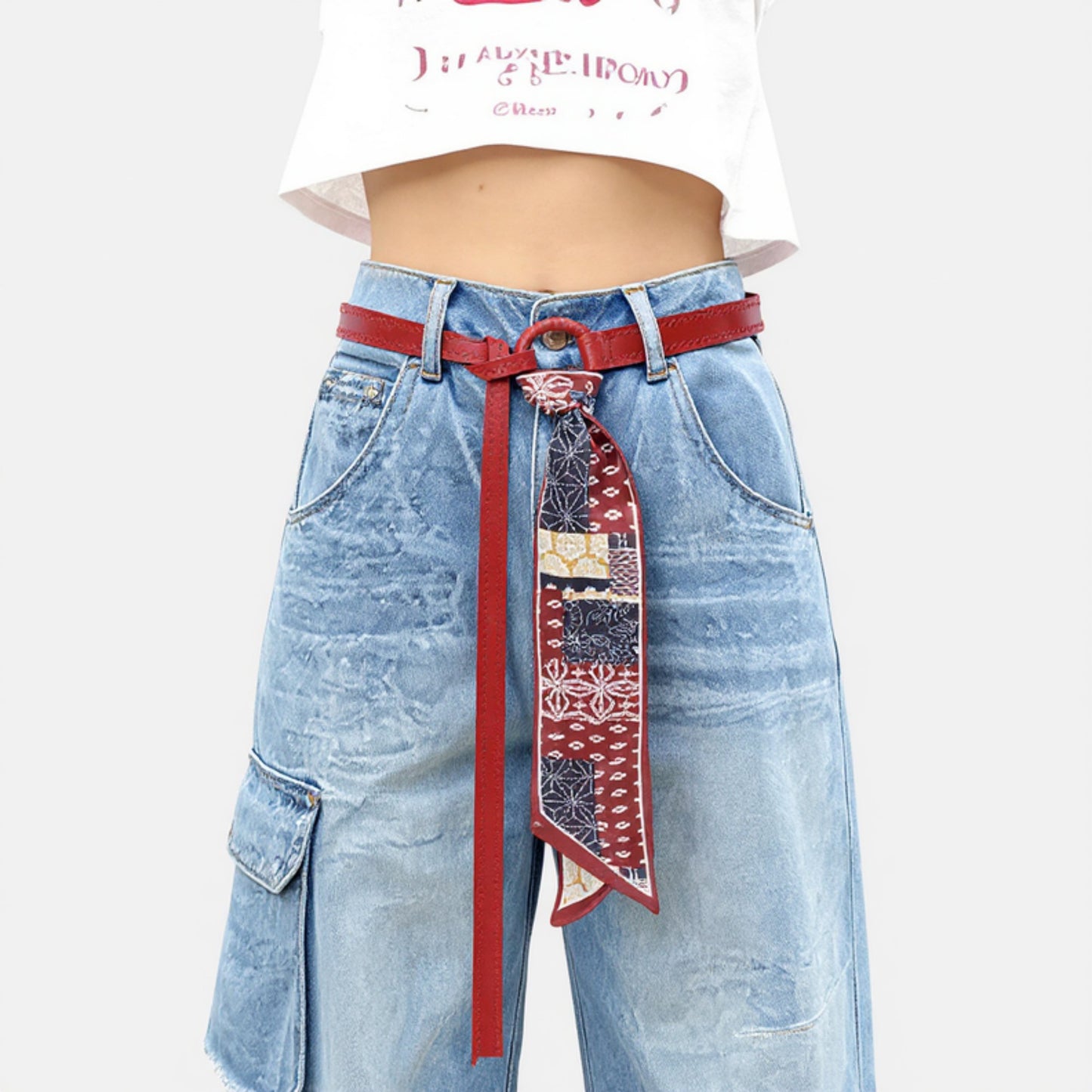 Anna-Kaci Women's Faux Leather Belt with Patterned Scarf Tie and Metal Loop Detail 53x0.8in