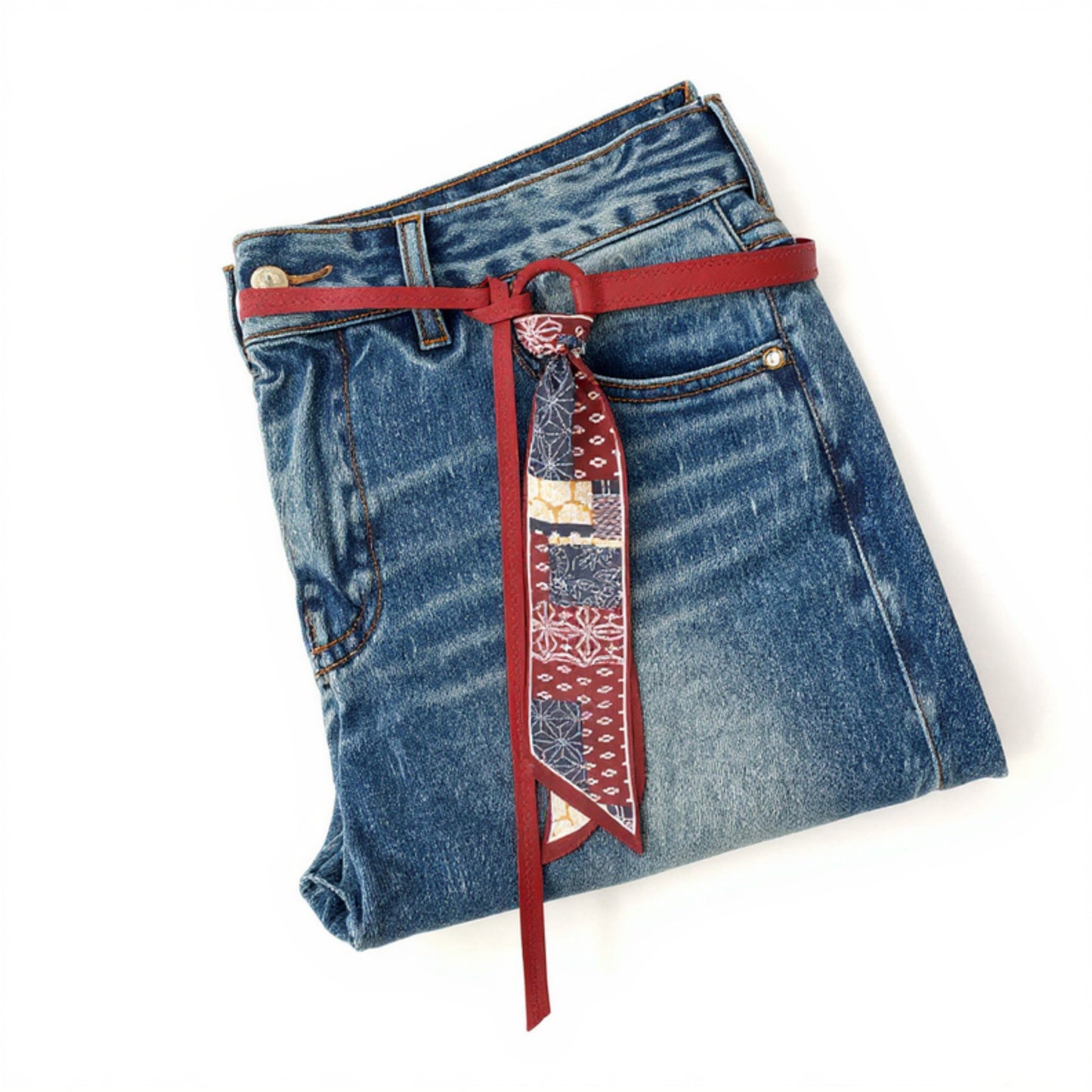 Anna-Kaci Women's Faux Leather Belt with Patterned Scarf Tie and Metal Loop Detail 53x0.8in