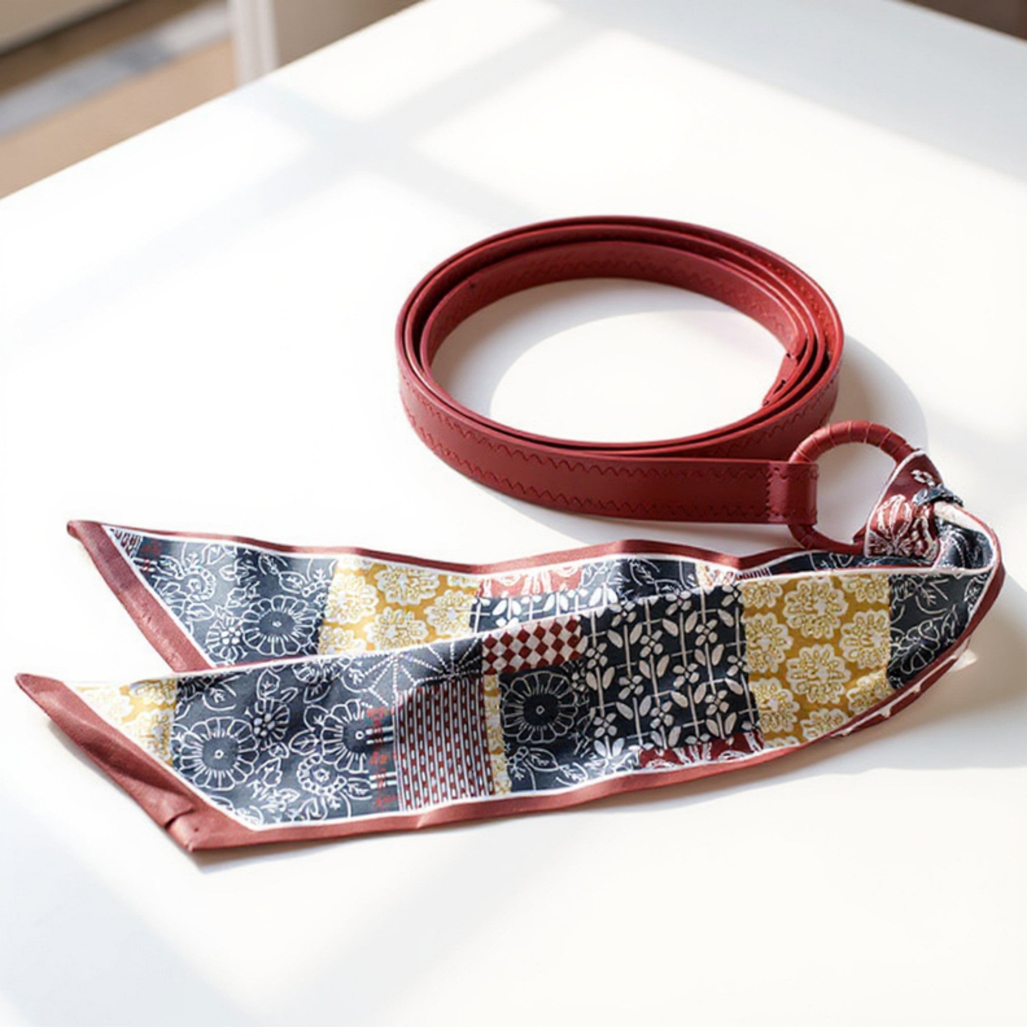 Anna-Kaci Women's Faux Leather Belt with Patterned Scarf Tie and Metal Loop Detail 53x0.8in