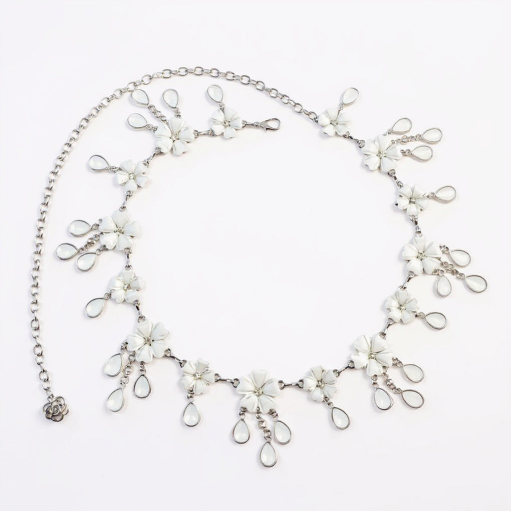 Anna-Kaci Women's Floral Chain Belt with Teardrop Gem Charms and Metal Link Design 47in