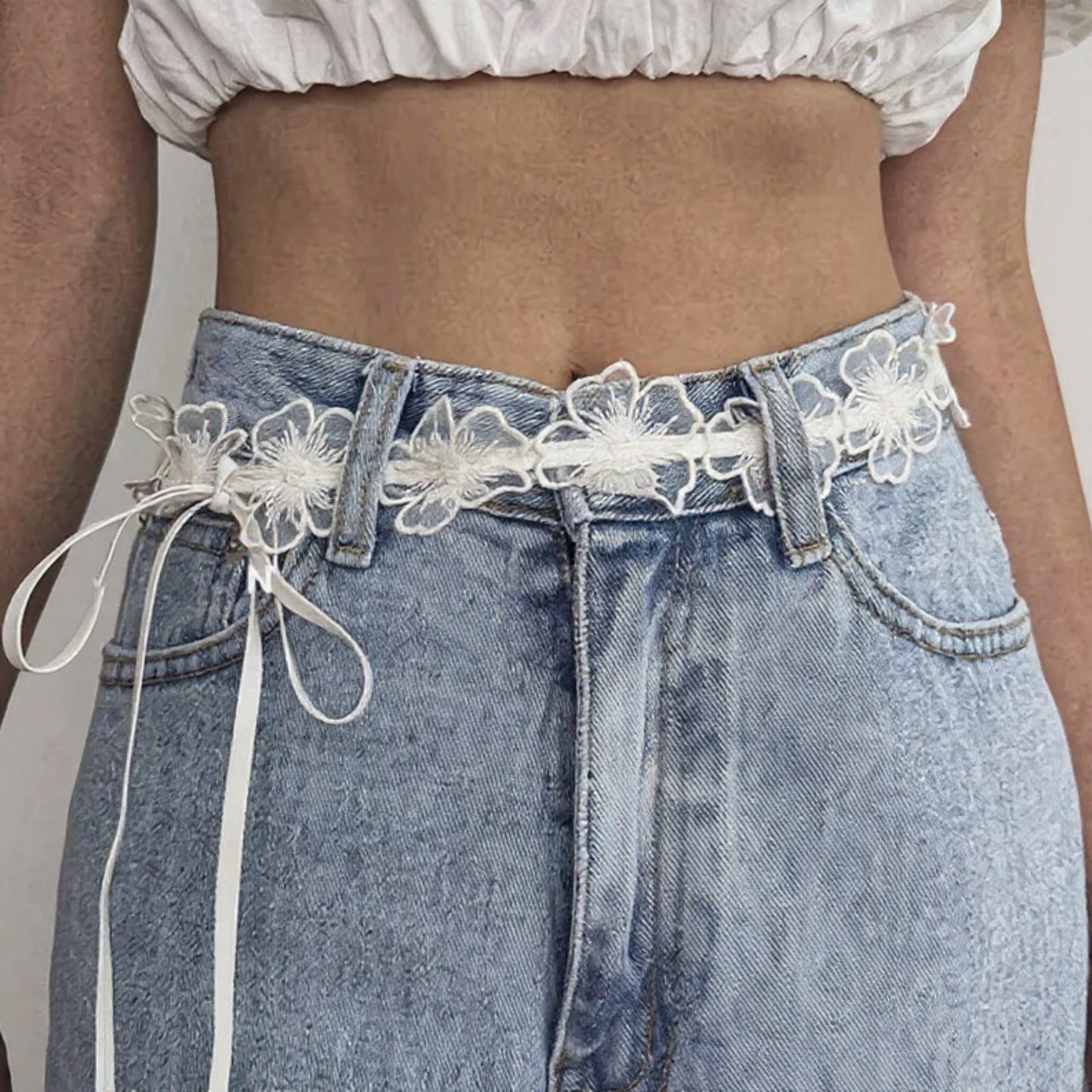 Anna-Kaci Women's Floral Lace Belt with Ribbon Tie and Delicate Sheer Embroidered Detailing 47in