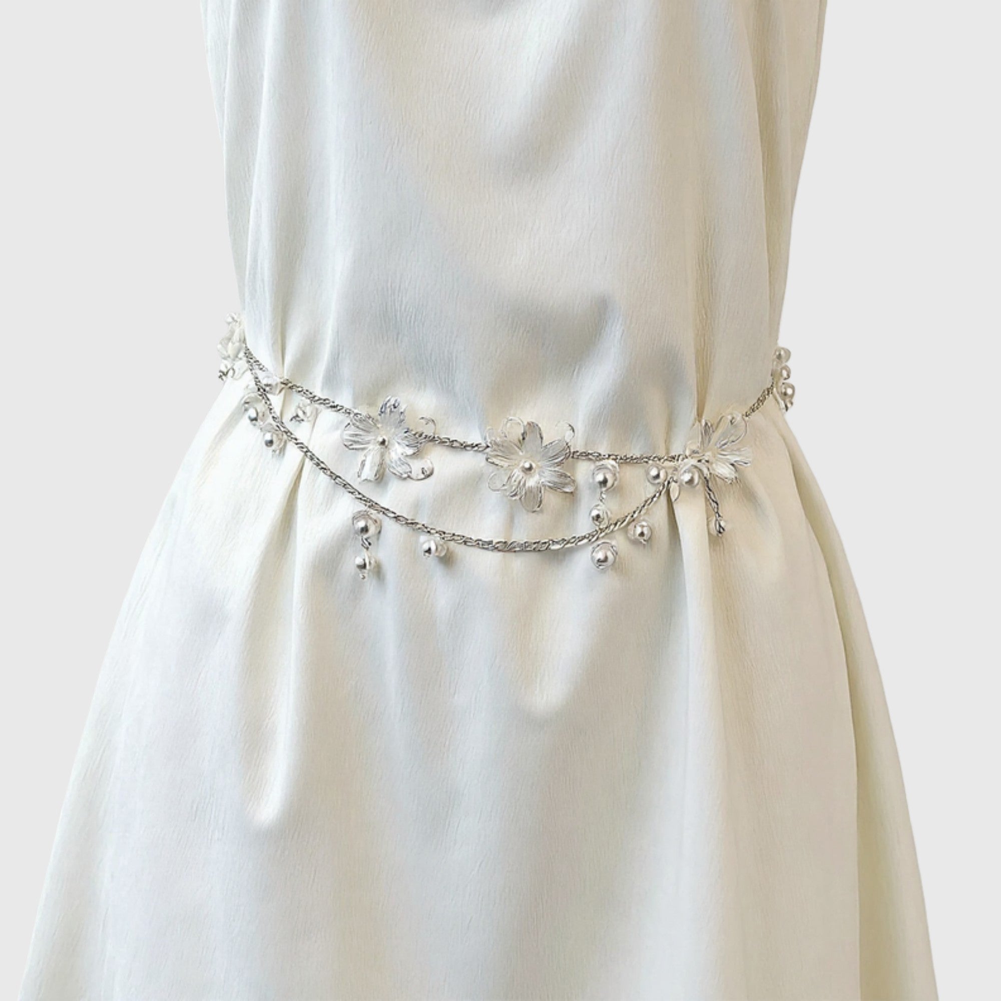 Anna-Kaci Women's Floral Metal Chain Belt with Faux Pearl Drop Details and Adjustable Fit 45.5in