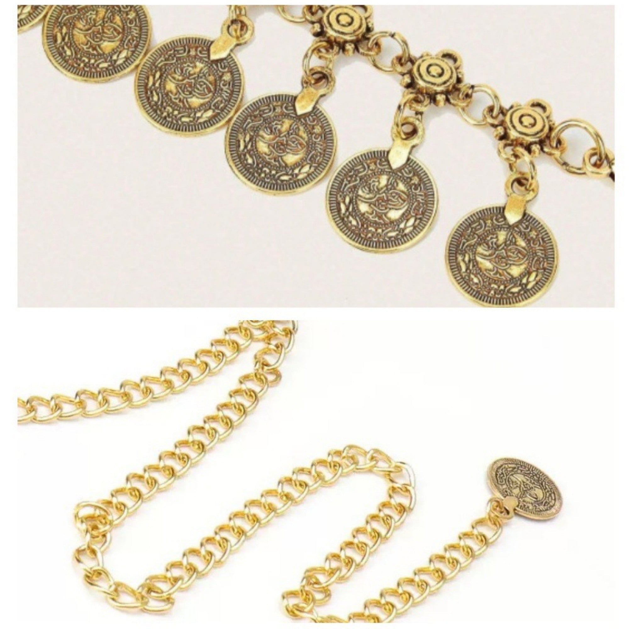Anna-Kaci Women's Layered Coin Charm Chain Belt with Adjustable Fit and Textured Detailing 43.5x1.5in
