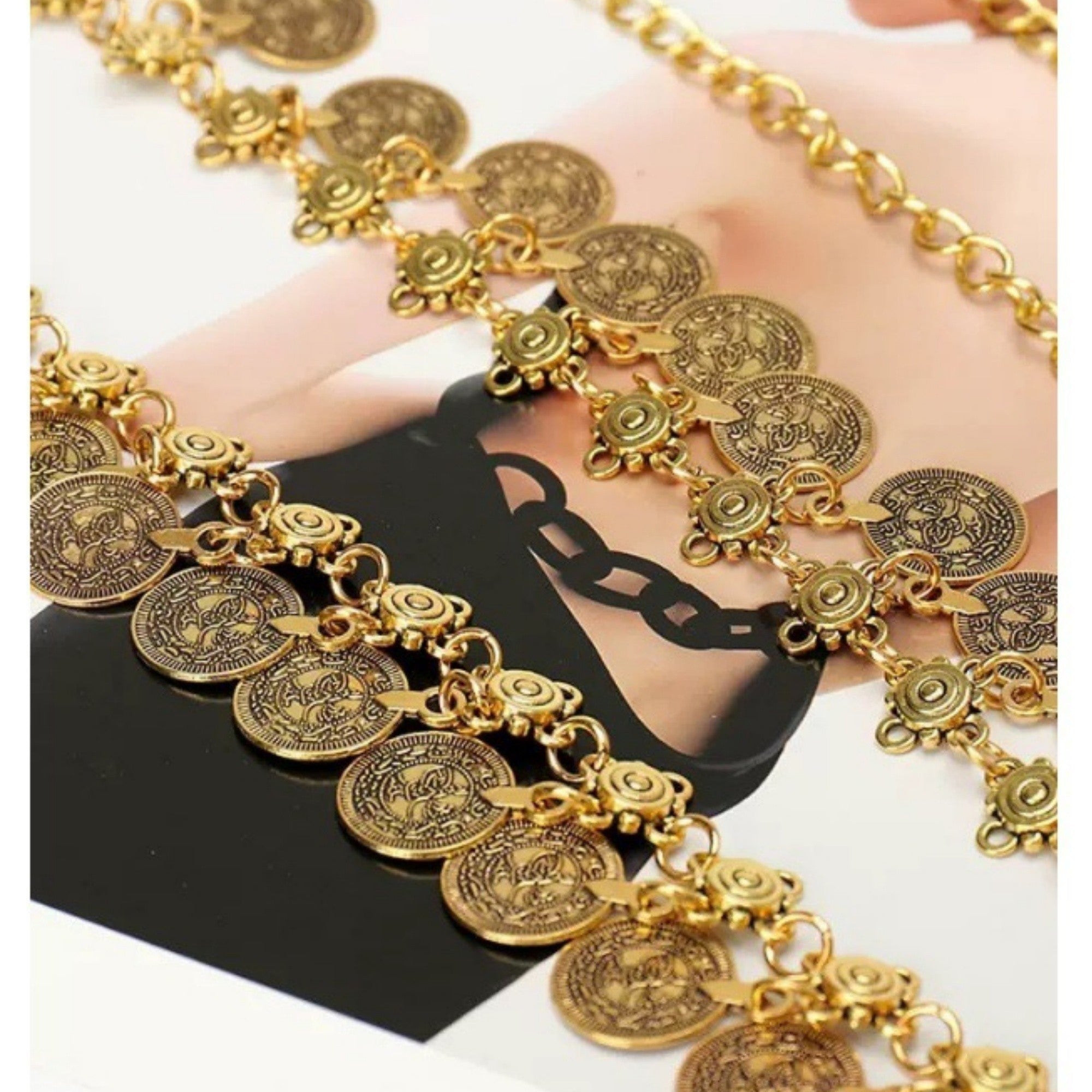 Anna-Kaci Women's Layered Coin Charm Chain Belt with Adjustable Fit and Textured Detailing 43.5x1.5in