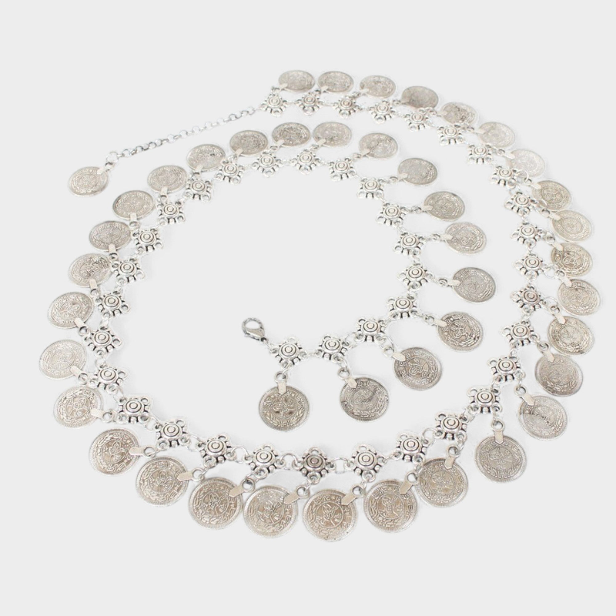 Anna-Kaci Women's Layered Coin Charm Chain Belt with Adjustable Fit and Textured Detailing 43.5x1.5in