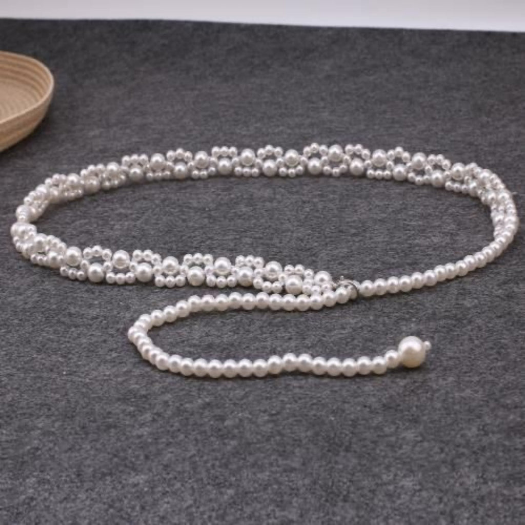 Anna-Kaci Women's Faux Pearl Beaded Waist Chain Belt with Clustered Design and Adjustable Length 45.5x0.6in