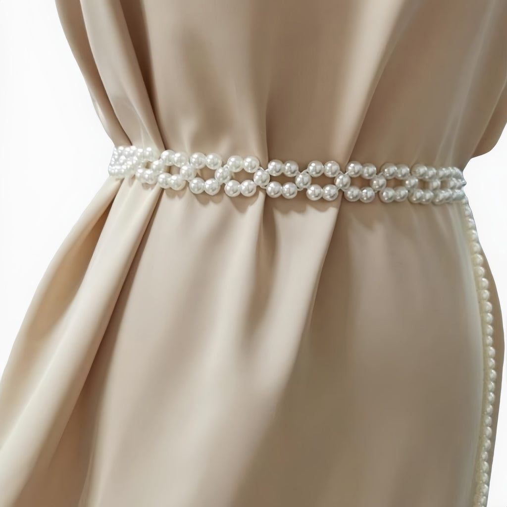 Anna-Kaci Women's Faux Pearl Beaded Waist Chain Belt with Clustered Design and Adjustable Length 45.5x0.6in