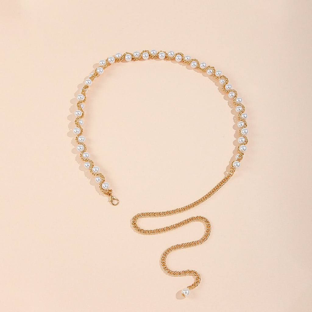 Anna-Kaci Women's Pearl Beaded Chain Belt with Adjustable Drop Chain and Decorative Accents 43.5x0.6in