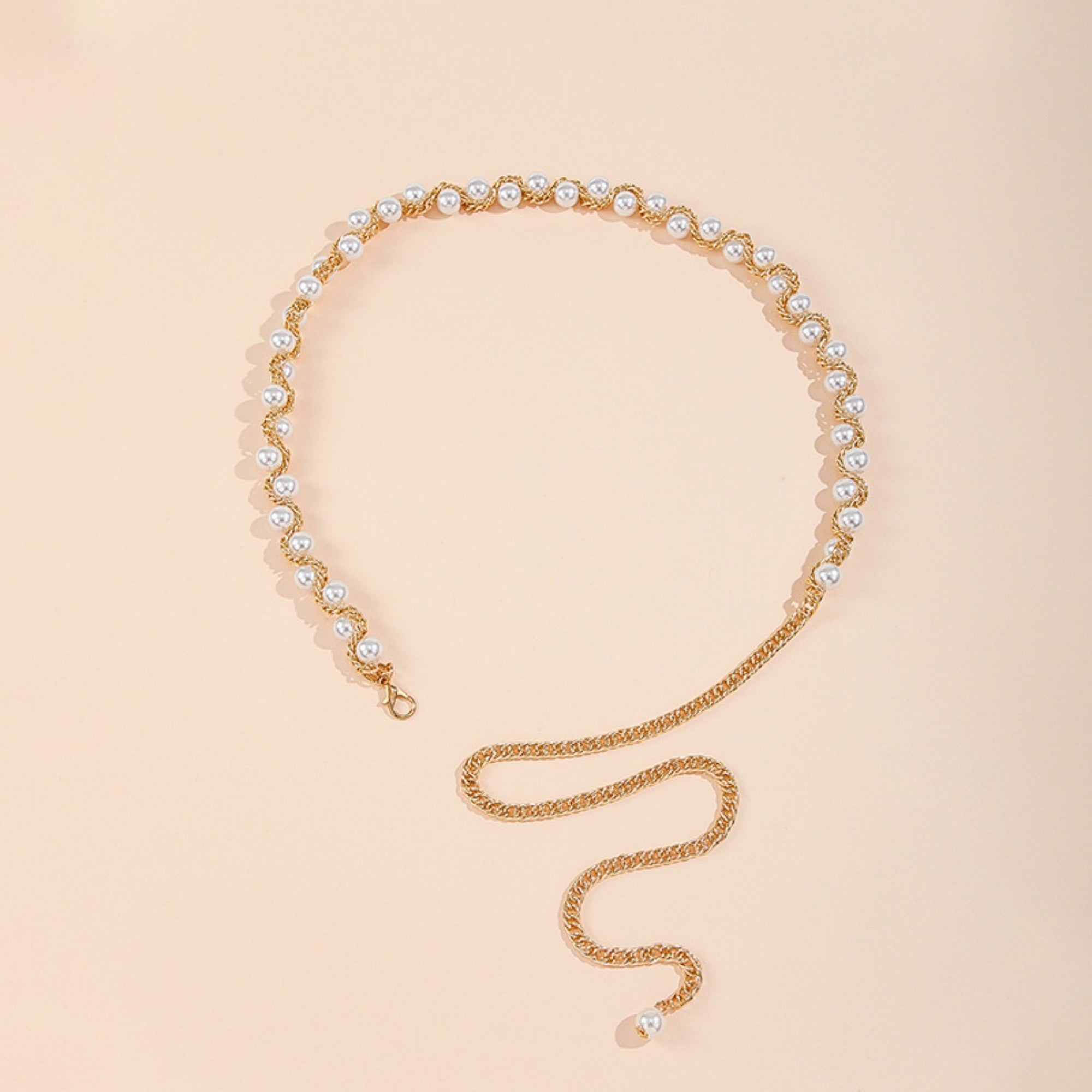 Anna-Kaci Women's Pearl Beaded Chain Belt with Adjustable Drop Chain and Decorative Accents 43.5x0.6in