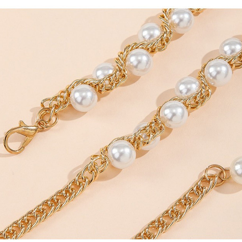Anna-Kaci Women's Pearl Beaded Chain Belt with Adjustable Drop Chain and Decorative Accents 43.5x0.6in