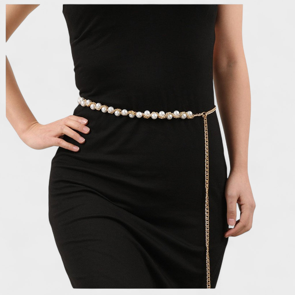 Anna-Kaci Women's Pearl Beaded Chain Belt with Adjustable Drop Chain and Decorative Accents 43.5x0.6in