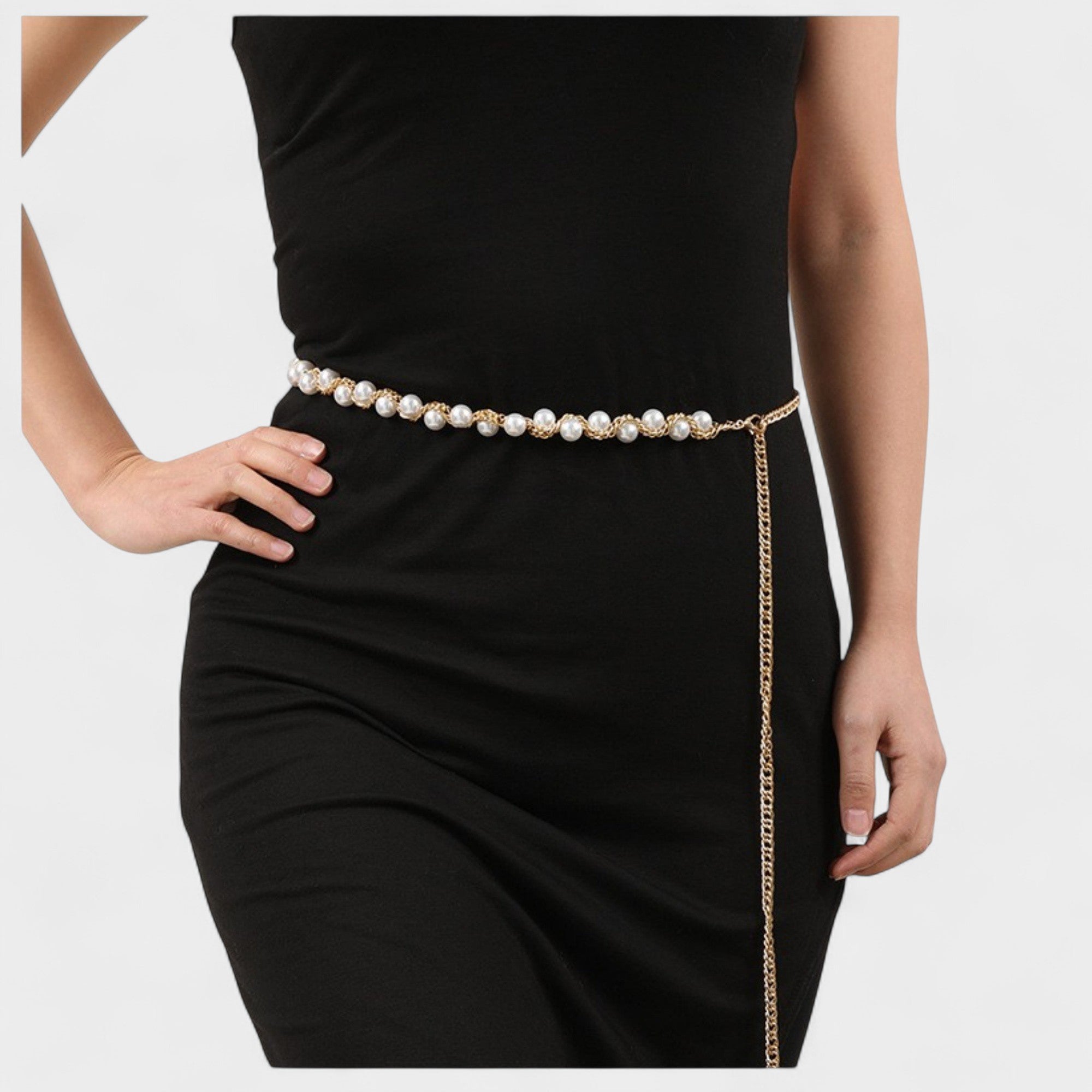 Anna-Kaci Women's Pearl Beaded Chain Belt with Adjustable Drop Chain and Decorative Accents 43.5x0.6in