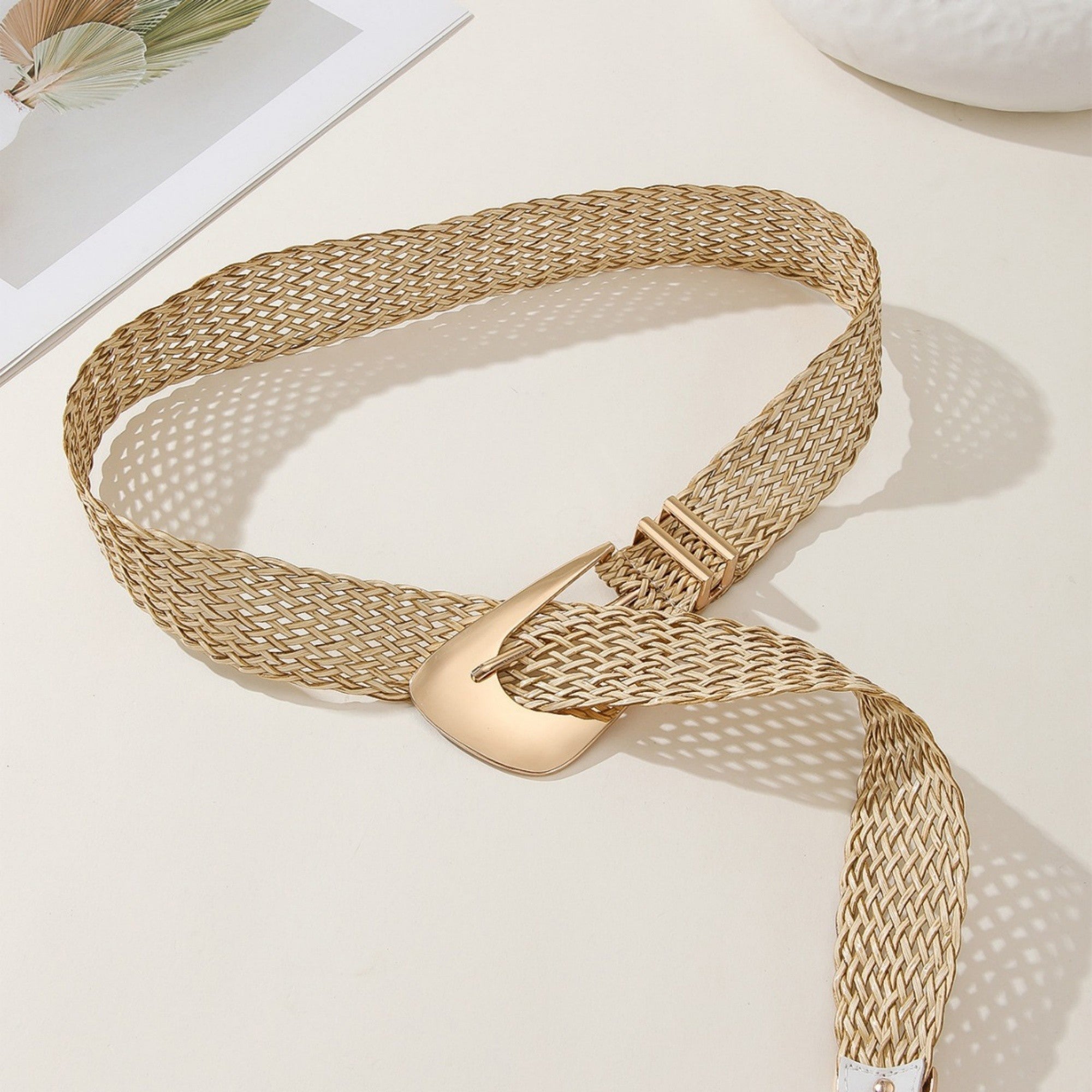 Anna-Kaci Women's Woven Belt with Oversized Buckle and Textured Weave Design 41.5x1.5in