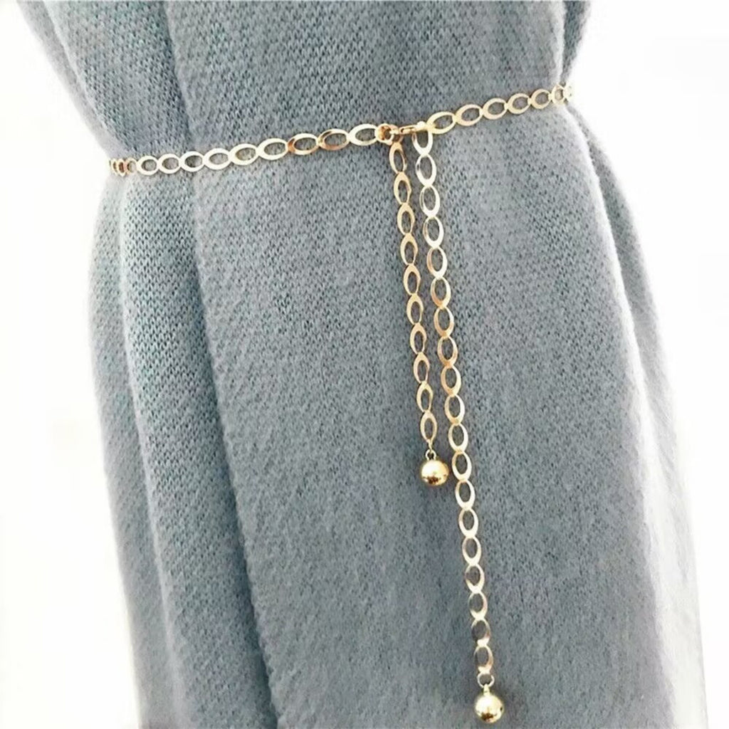 Anna-Kaci Women's Chain Belt with Oval Link Design and Hanging Ball Accents 49x0.4in